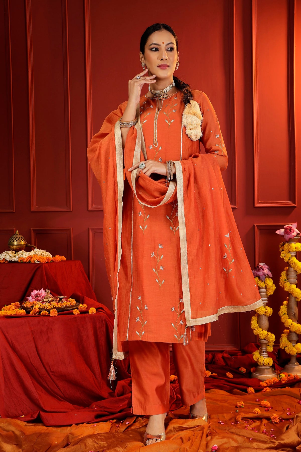 Rust Mul Chanderi Hand-Embroidered 3-Piece Suit Set