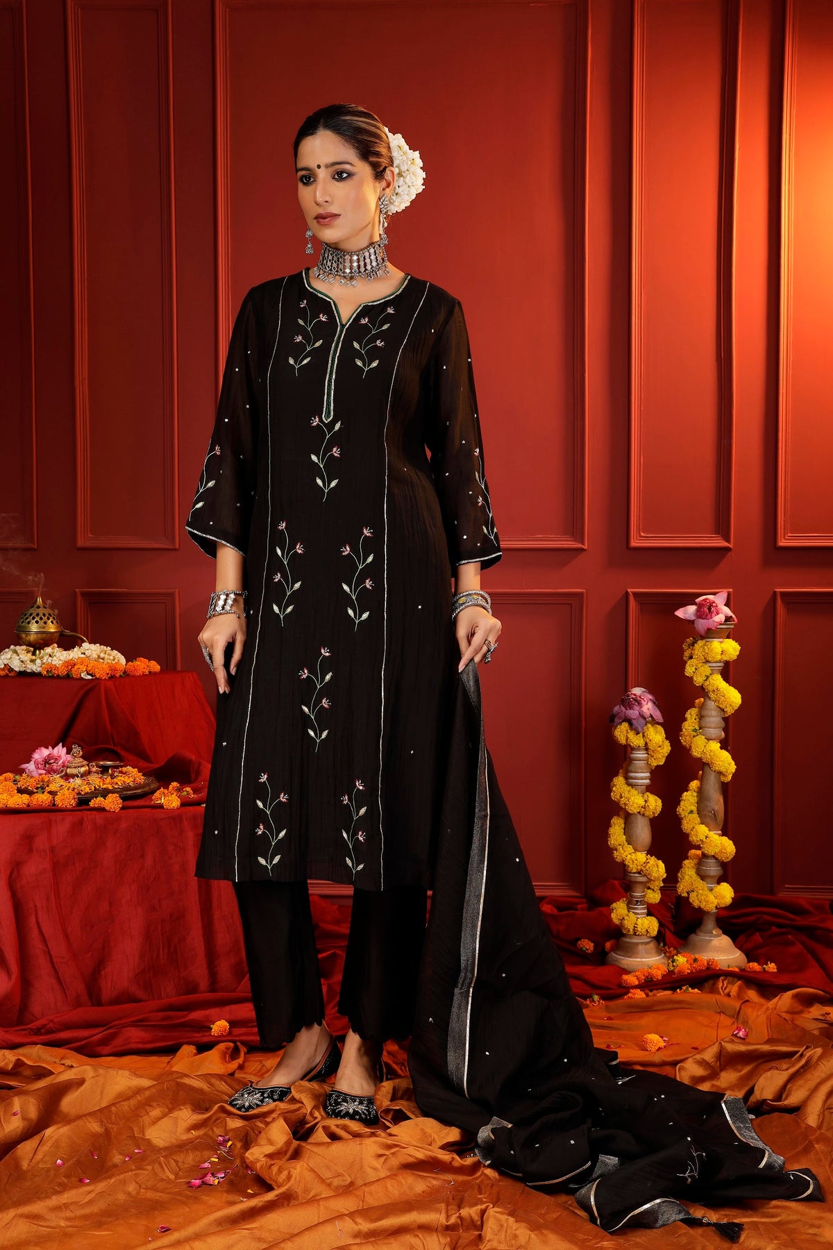 Midnight Black Mul Chanderi Hand-Embroidered 3-Piece Suit Set