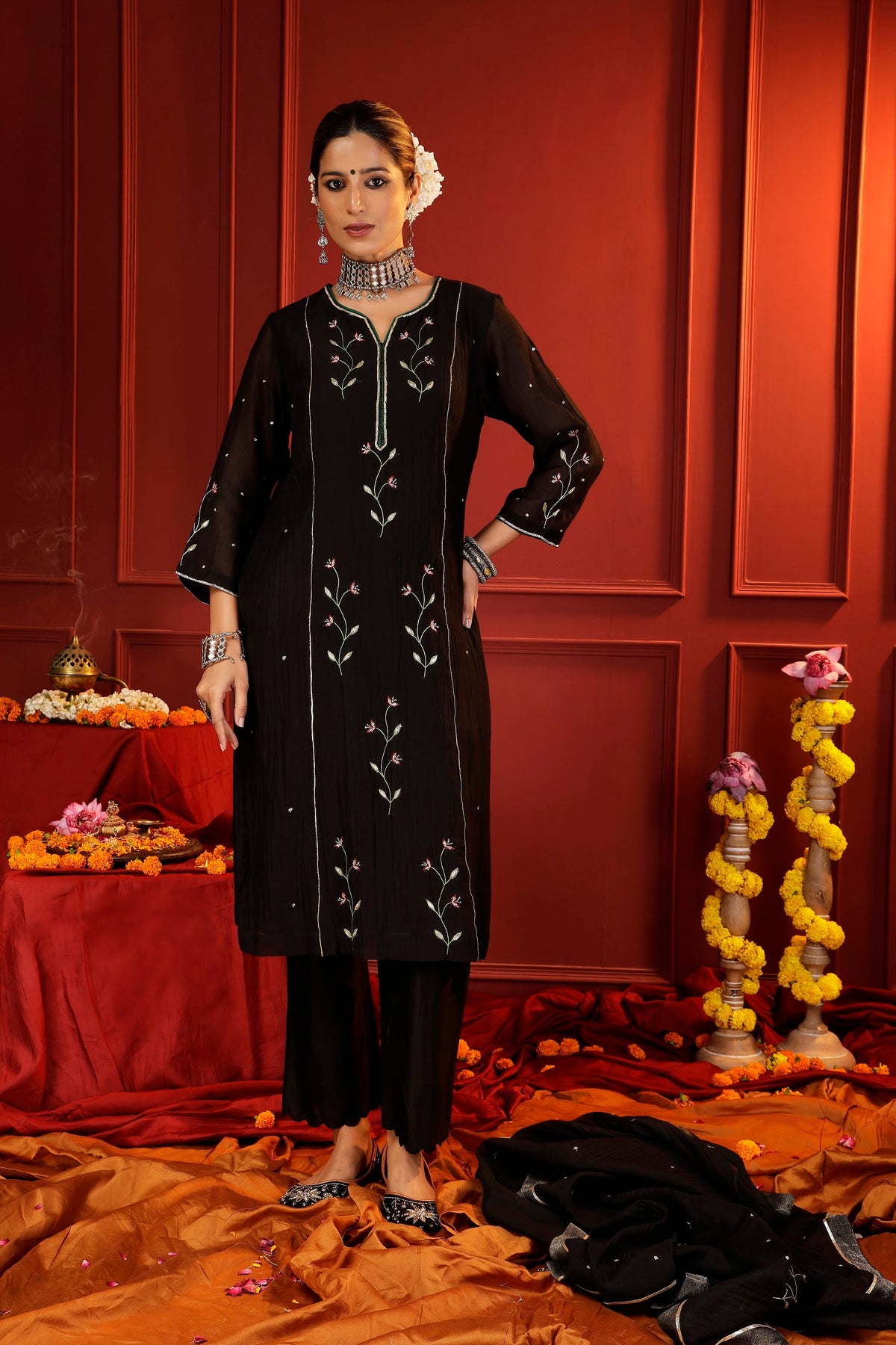 Midnight Black Mul Chanderi Hand-Embroidered 3-Piece Suit Set