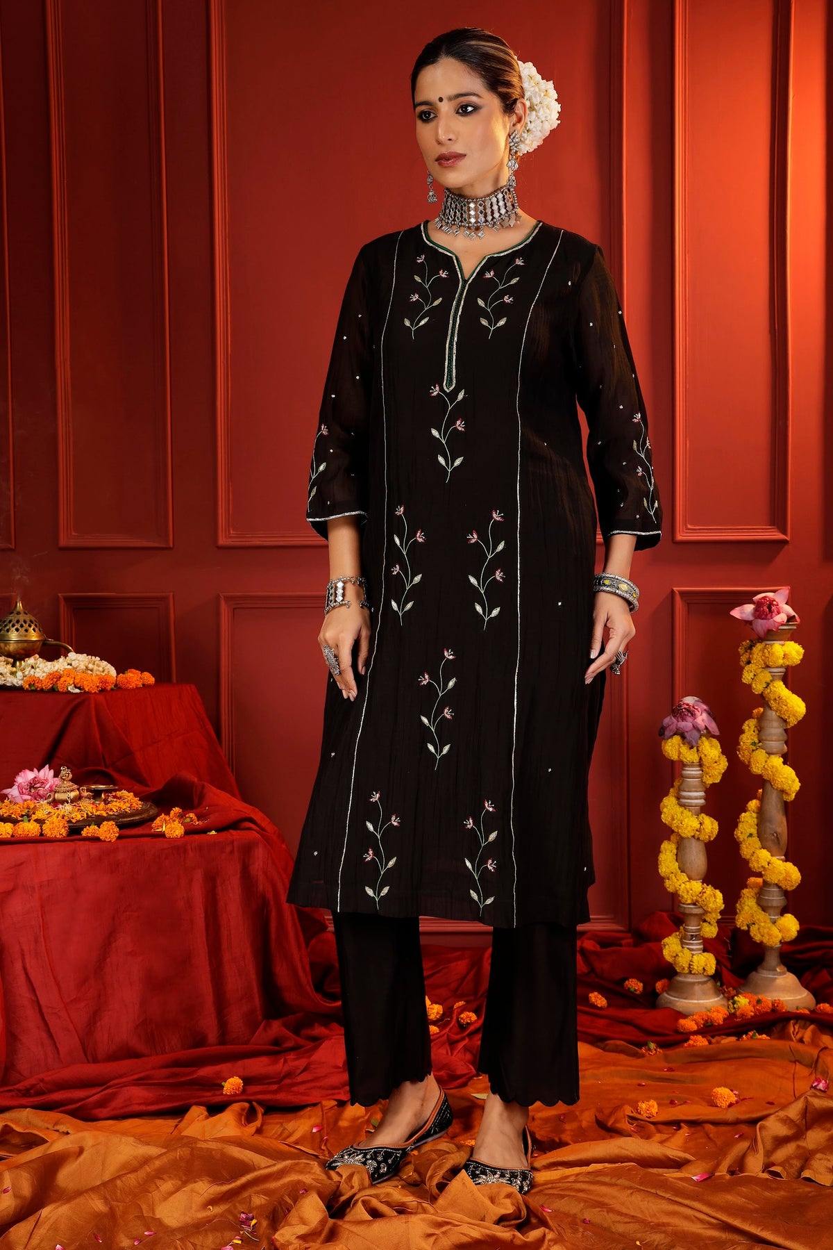 Midnight Black Mul Chanderi Hand-Embroidered 3-Piece Suit Set