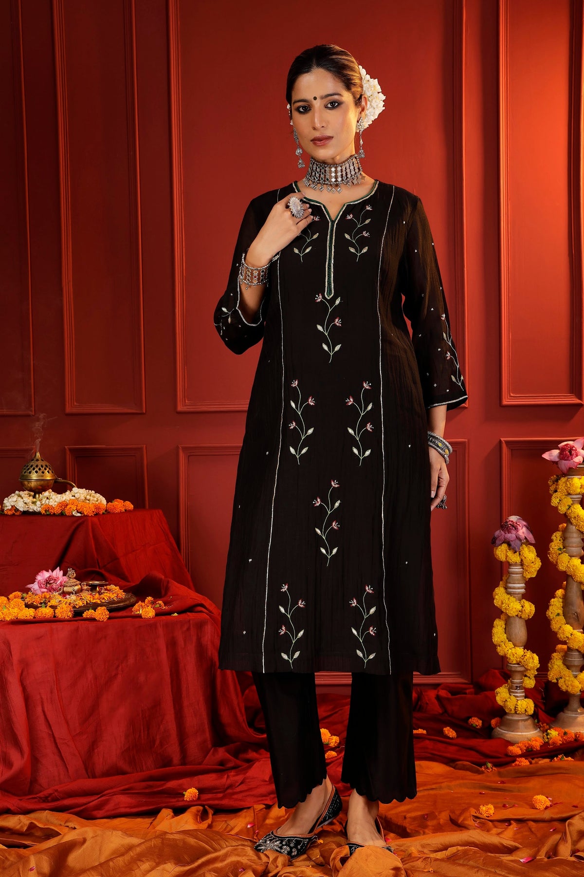 Midnight Black Mul Chanderi Hand-Embroidered 3-Piece Suit Set