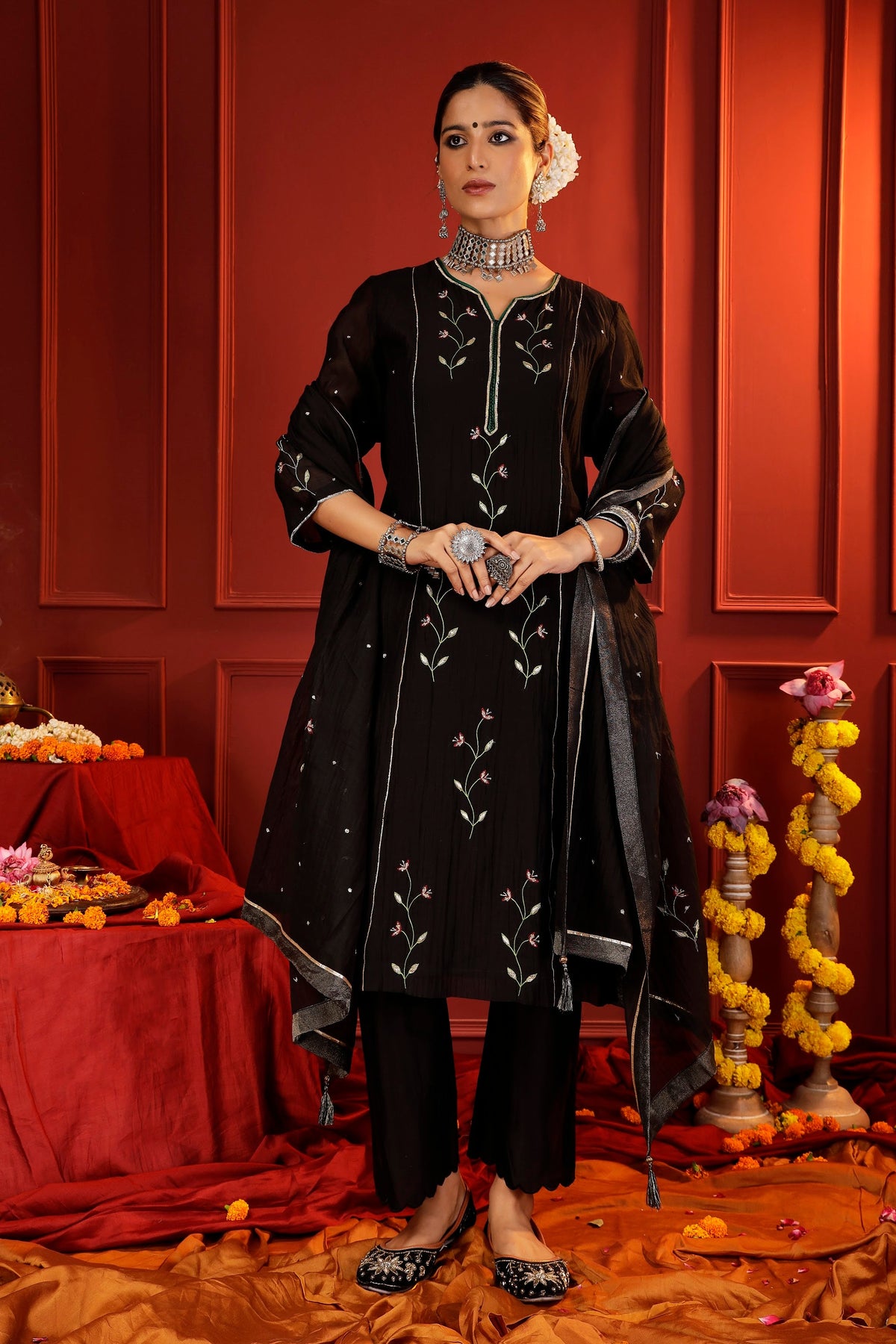 Midnight Black Mul Chanderi Hand-Embroidered 3-Piece Suit Set