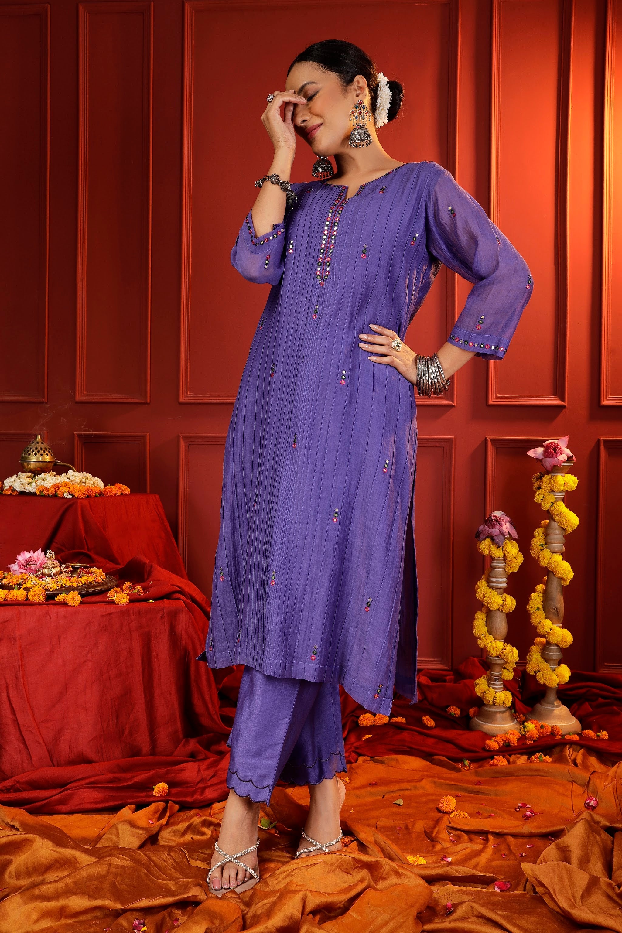 Lavender Chanderi Kurta Set with Pintuck & Mirror-Work Accents