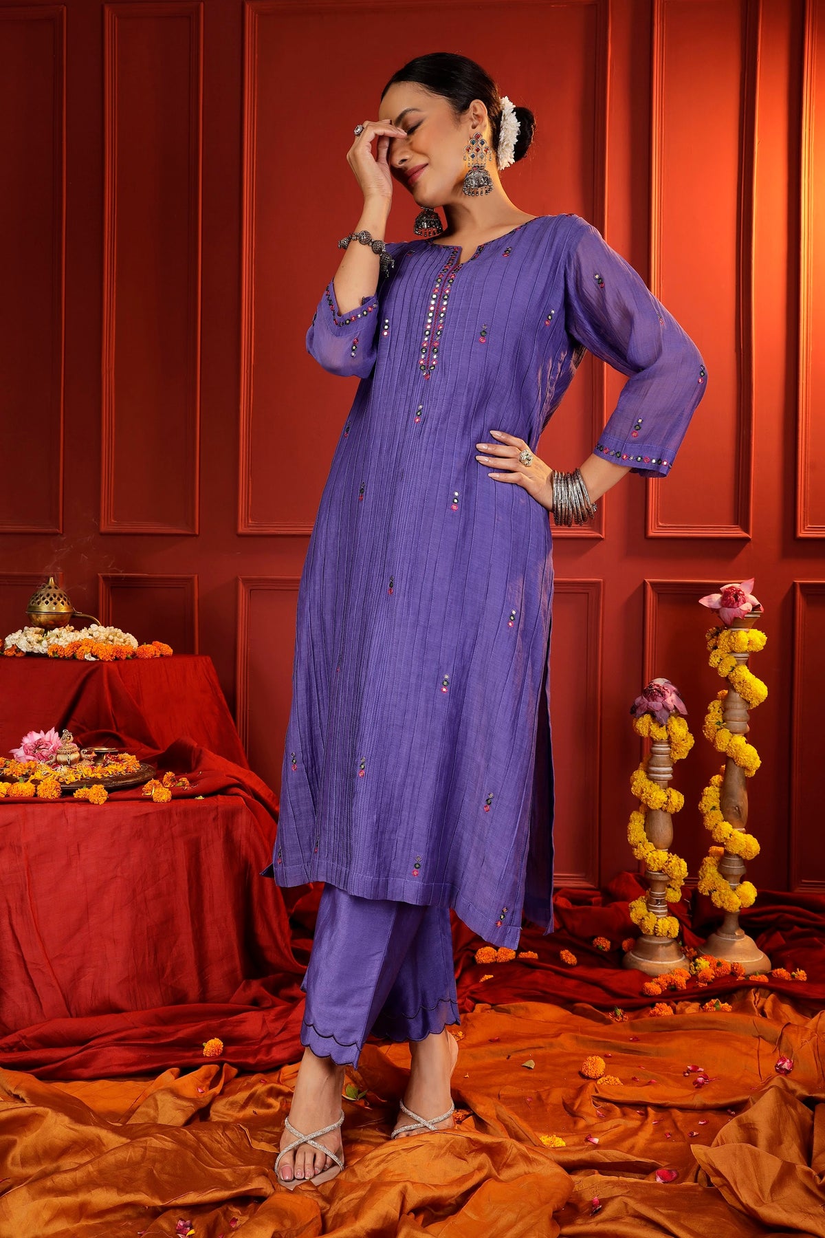 Lavender Chanderi Kurta Set with Pintuck & Mirror-Work Accents