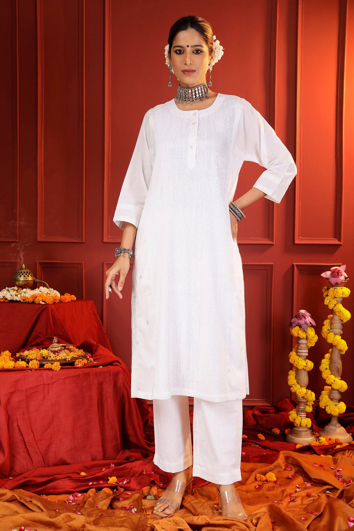 White Kalidaar Kurta with Micro Pintucks & Zari Thread