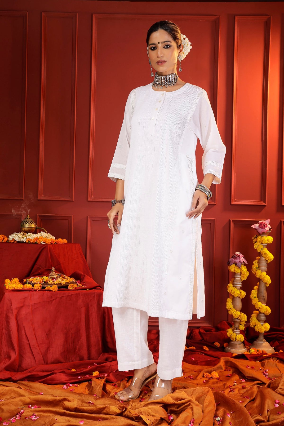 White Kalidaar Kurta with Micro Pintucks & Zari Thread
