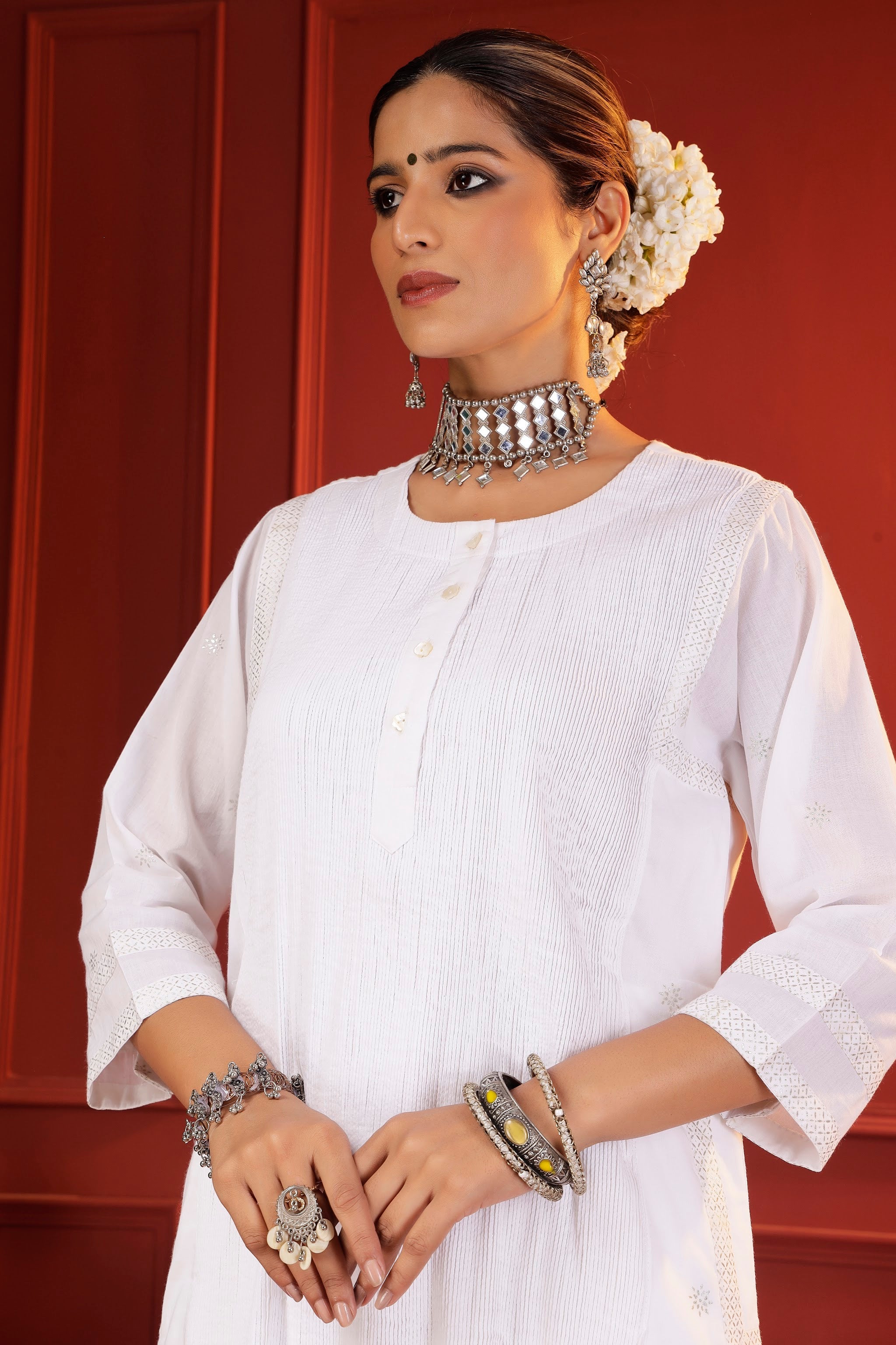 White Kalidaar Kurta with Micro Pintucks & Zari Thread