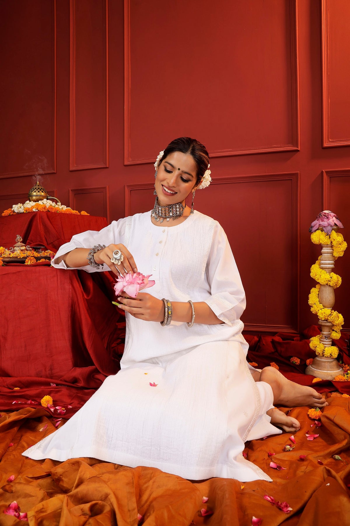 White Kalidaar Kurta with Micro Pintucks & Zari Thread