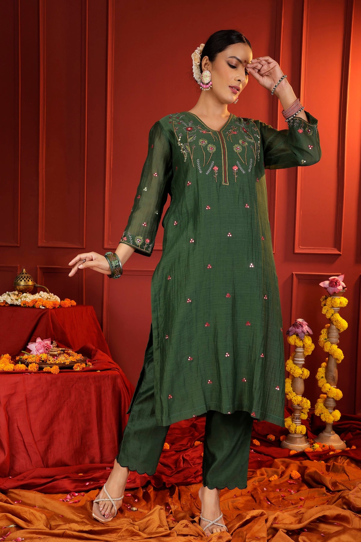 Forest Green Mul Chanderi 3-Piece Suit Set with Handcrafted Zardozi Embroidery