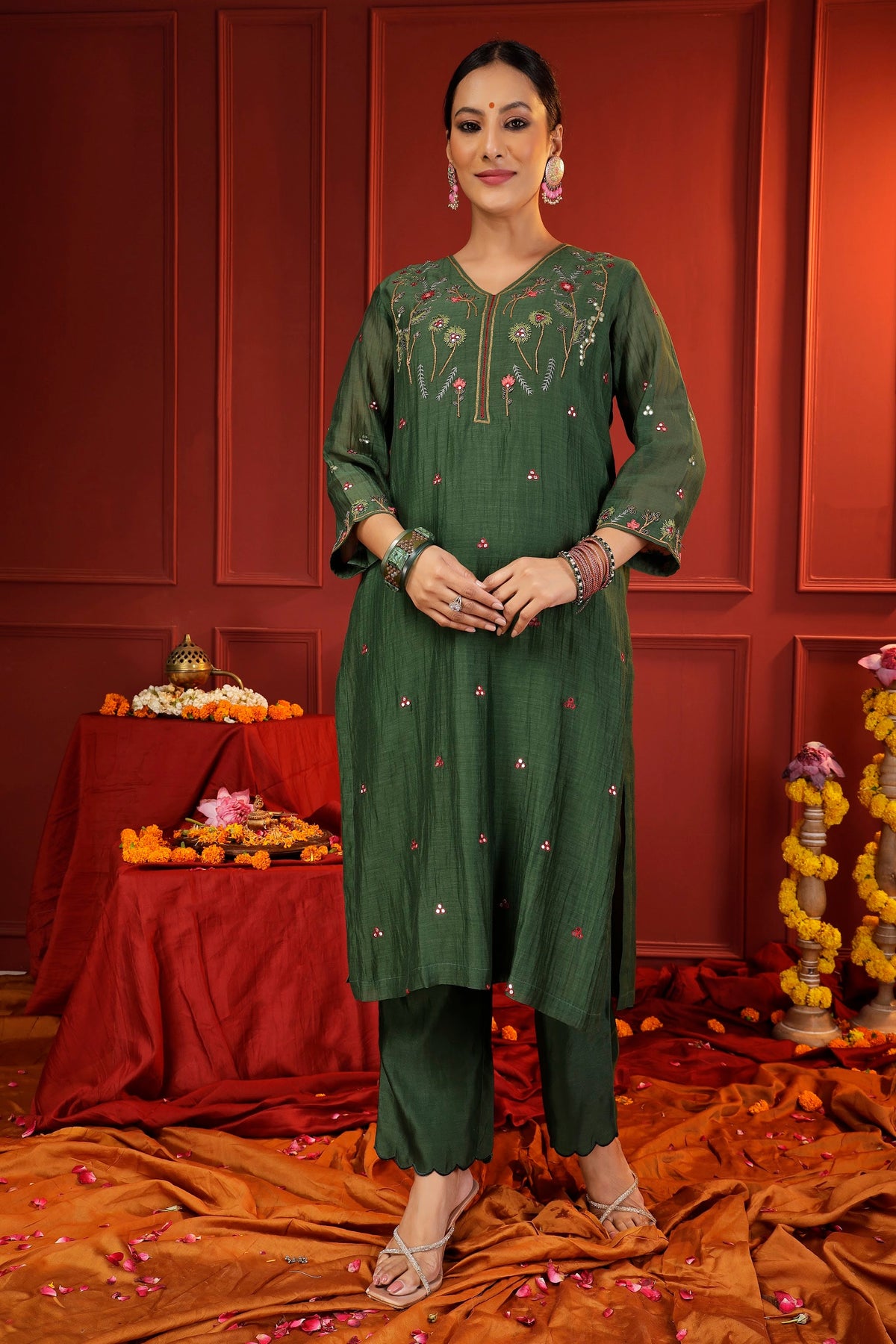 Forest Green Mul Chanderi 3-Piece Suit Set with Handcrafted Zardozi Embroidery