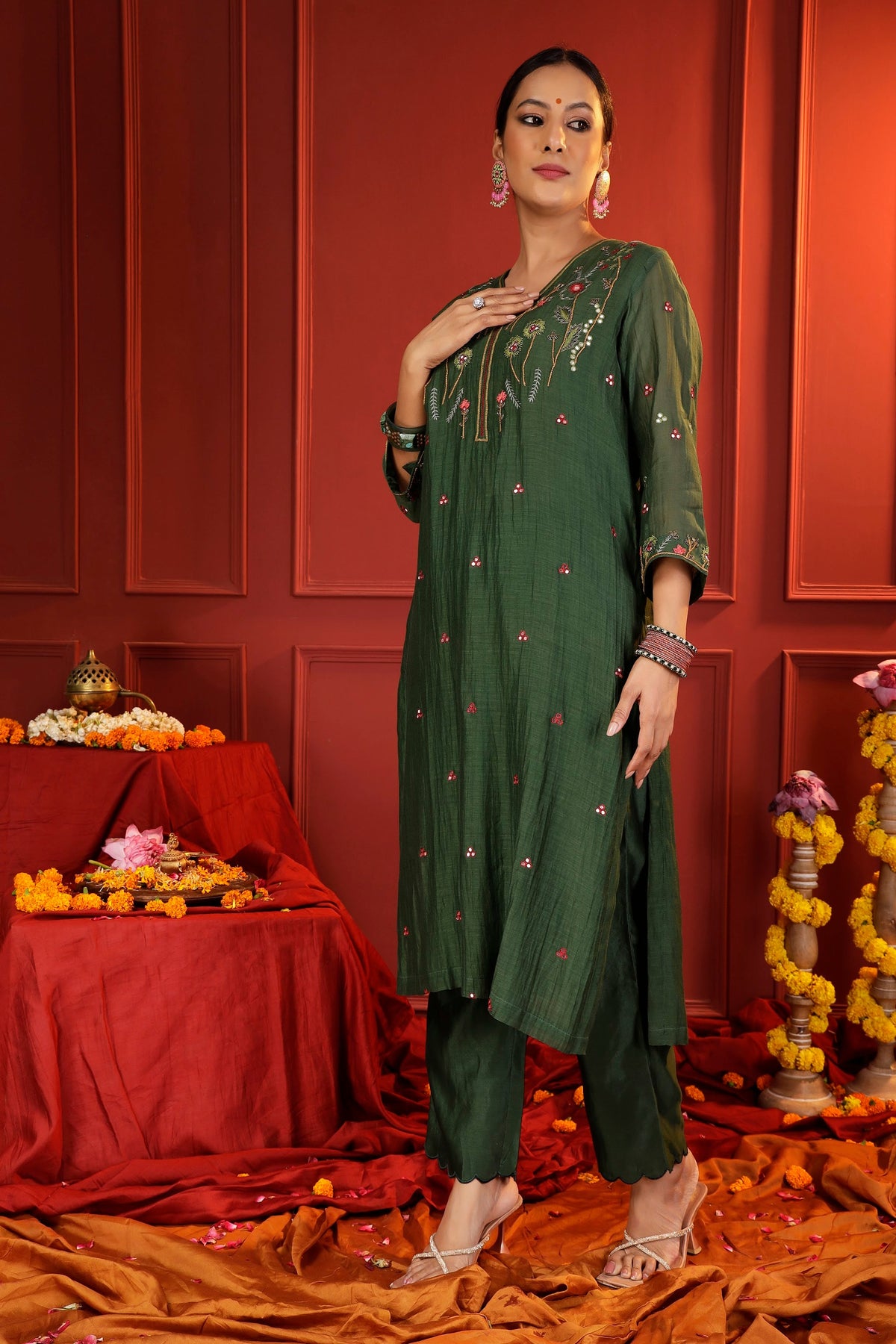 Forest Green Mul Chanderi 3-Piece Suit Set with Handcrafted Zardozi Embroidery