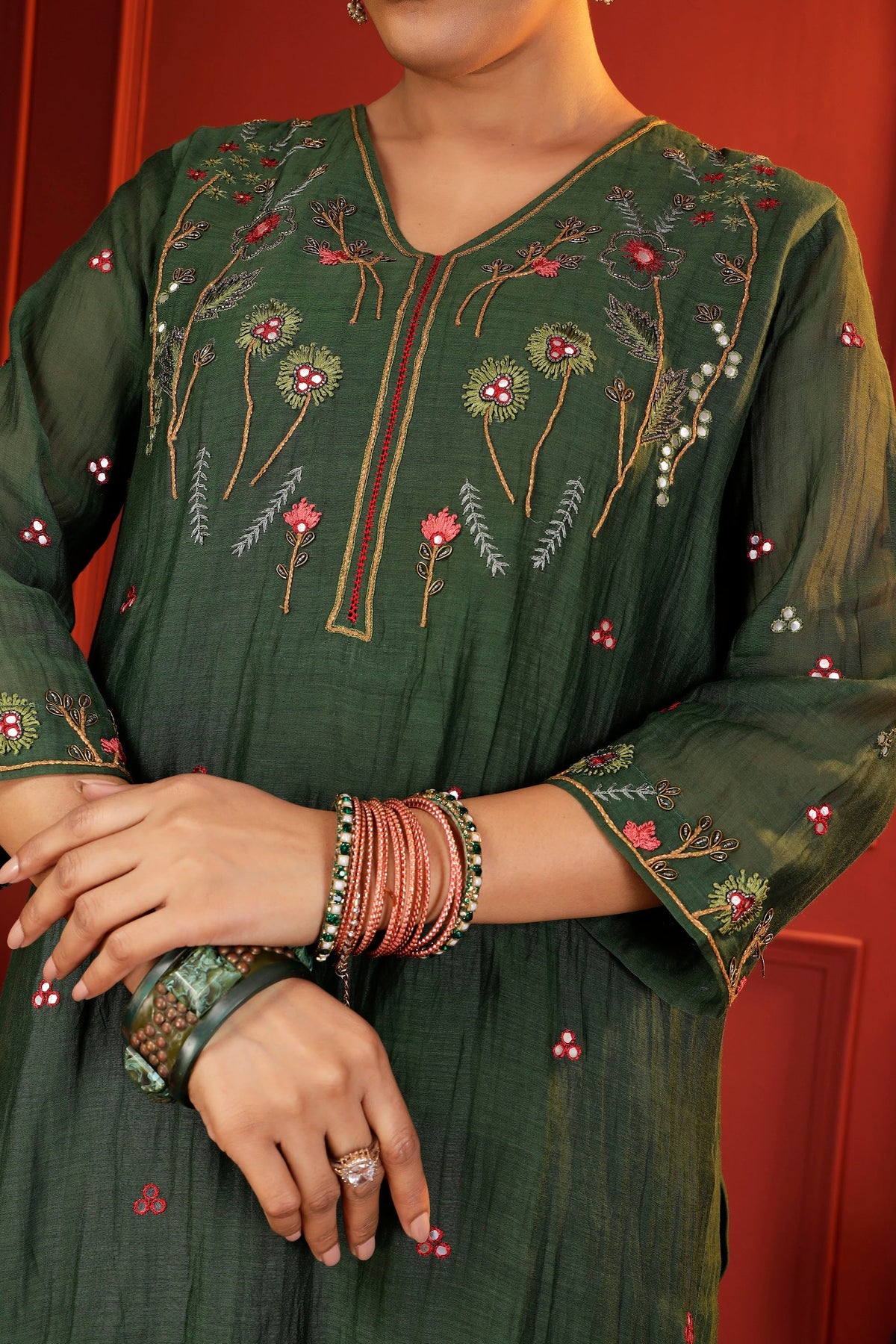 Forest Green Mul Chanderi 3-Piece Suit Set with Handcrafted Zardozi Embroidery
