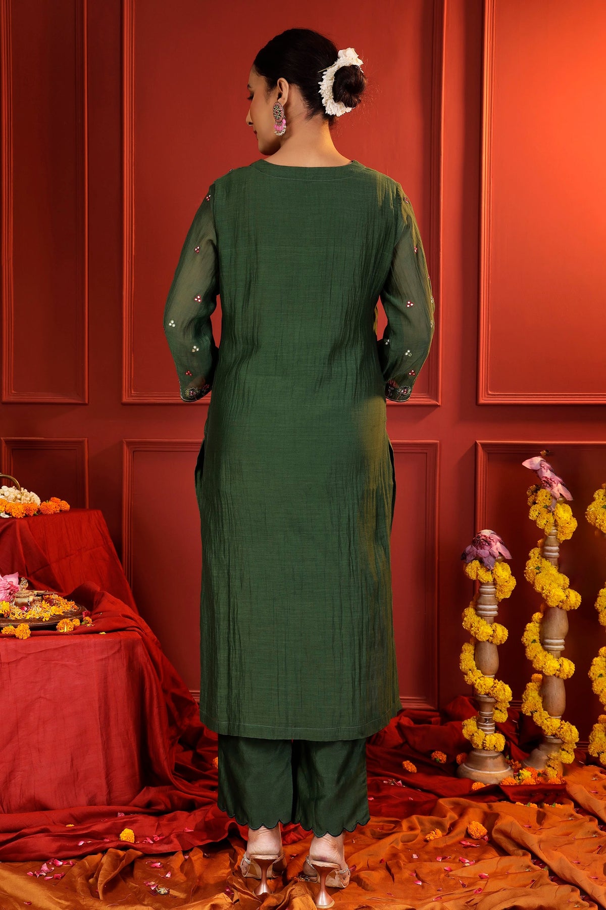 Forest Green Mul Chanderi 3-Piece Suit Set with Handcrafted Zardozi Embroidery