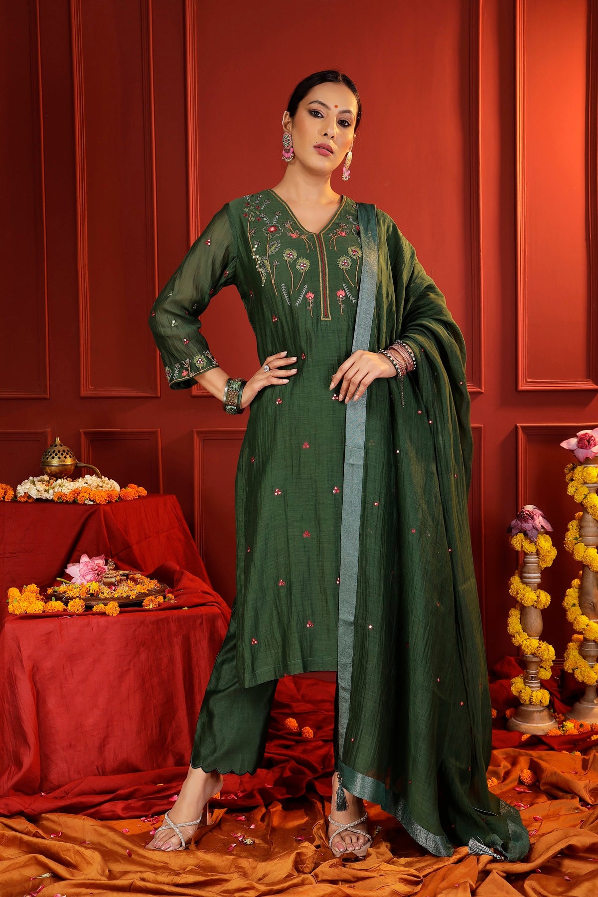 Forest Green Mul Chanderi 3-Piece Suit Set with Handcrafted Zardozi Embroidery