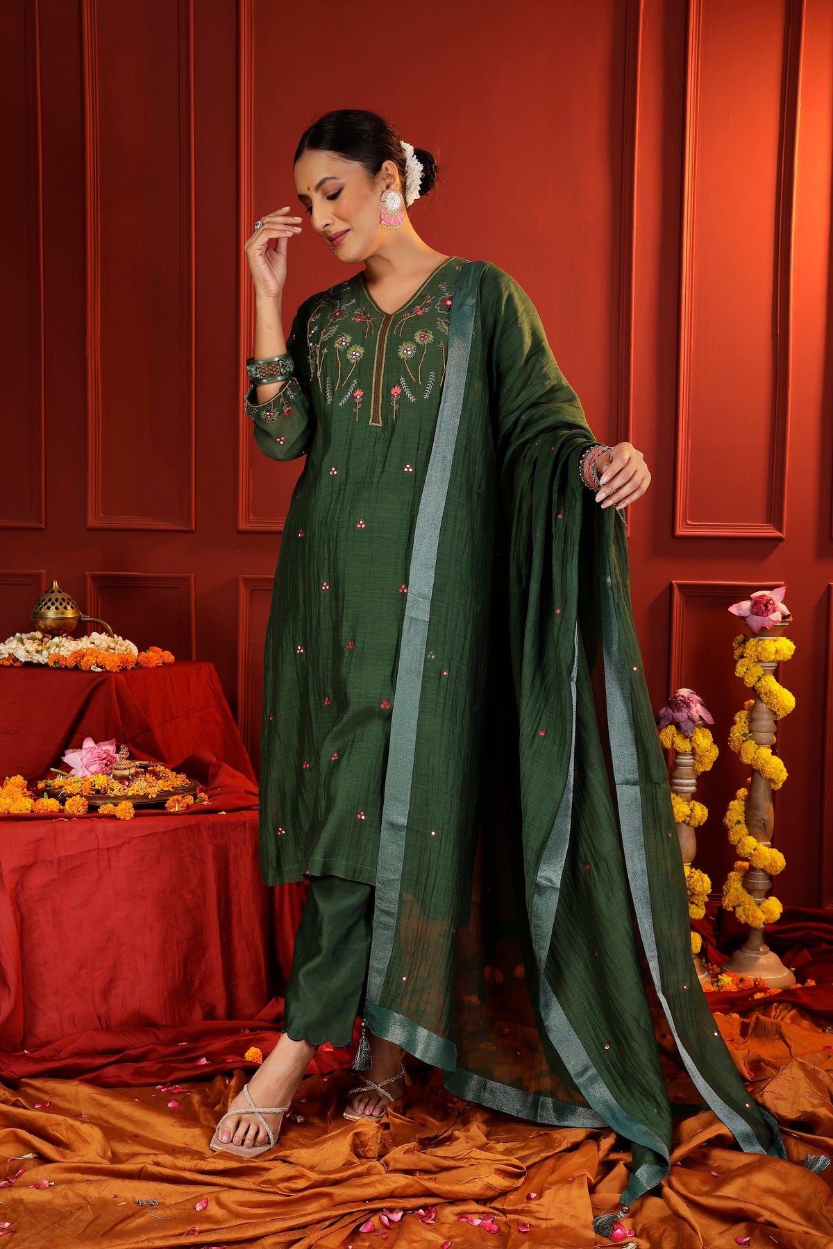 Forest Green Mul Chanderi 3-Piece Suit Set with Handcrafted Zardozi Embroidery