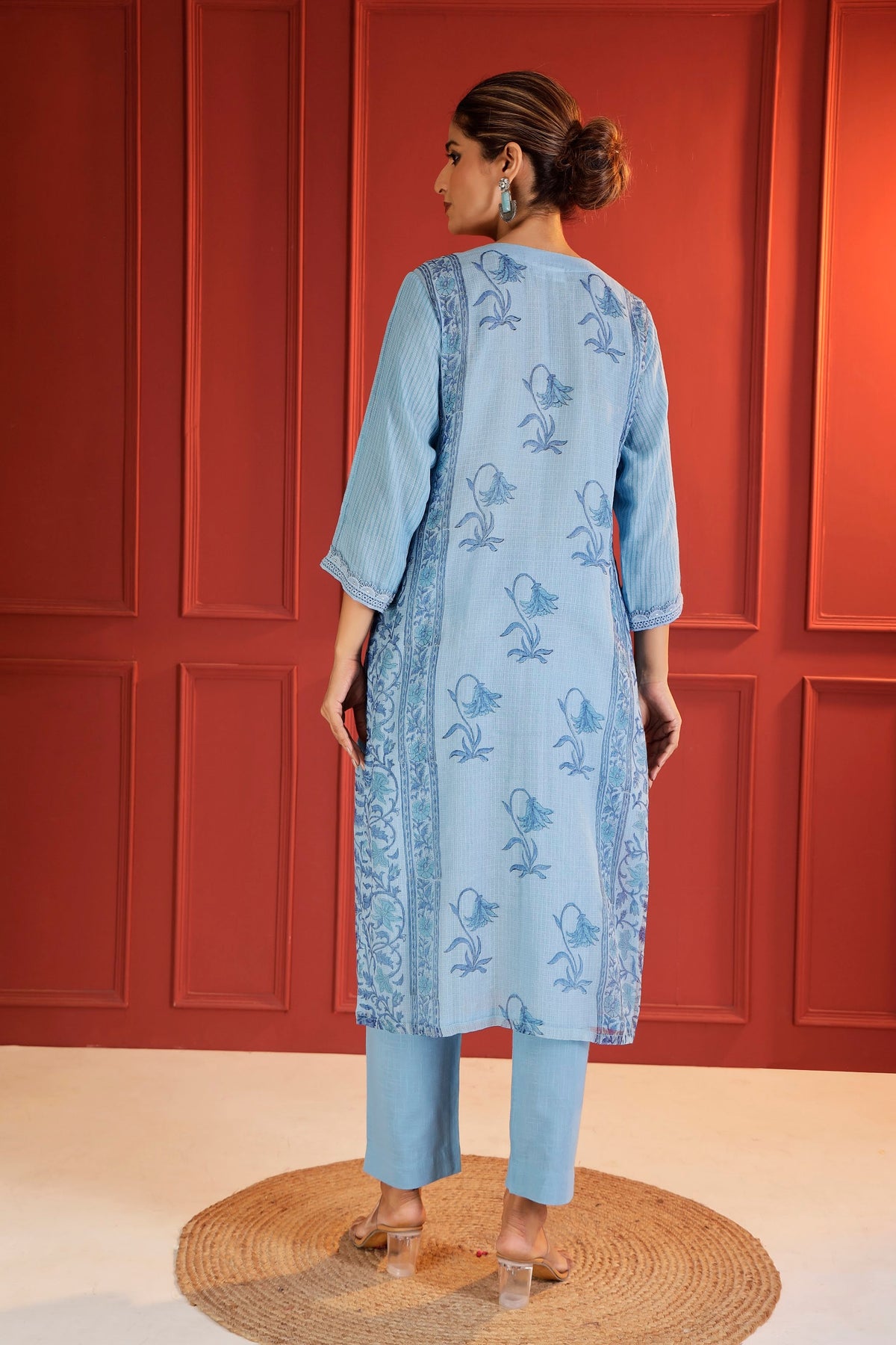 Powder Blue Soft Kota Cotton Kurta with Lacework Yoke