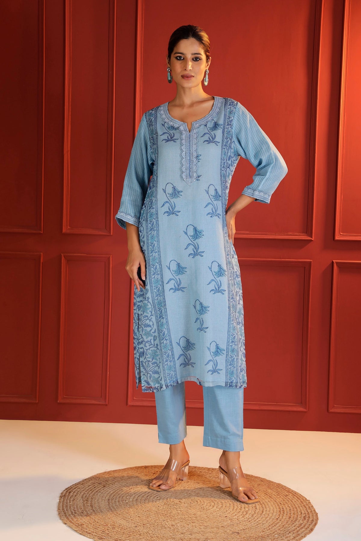 Powder Blue Soft Kota Cotton Kurta with Lacework Yoke