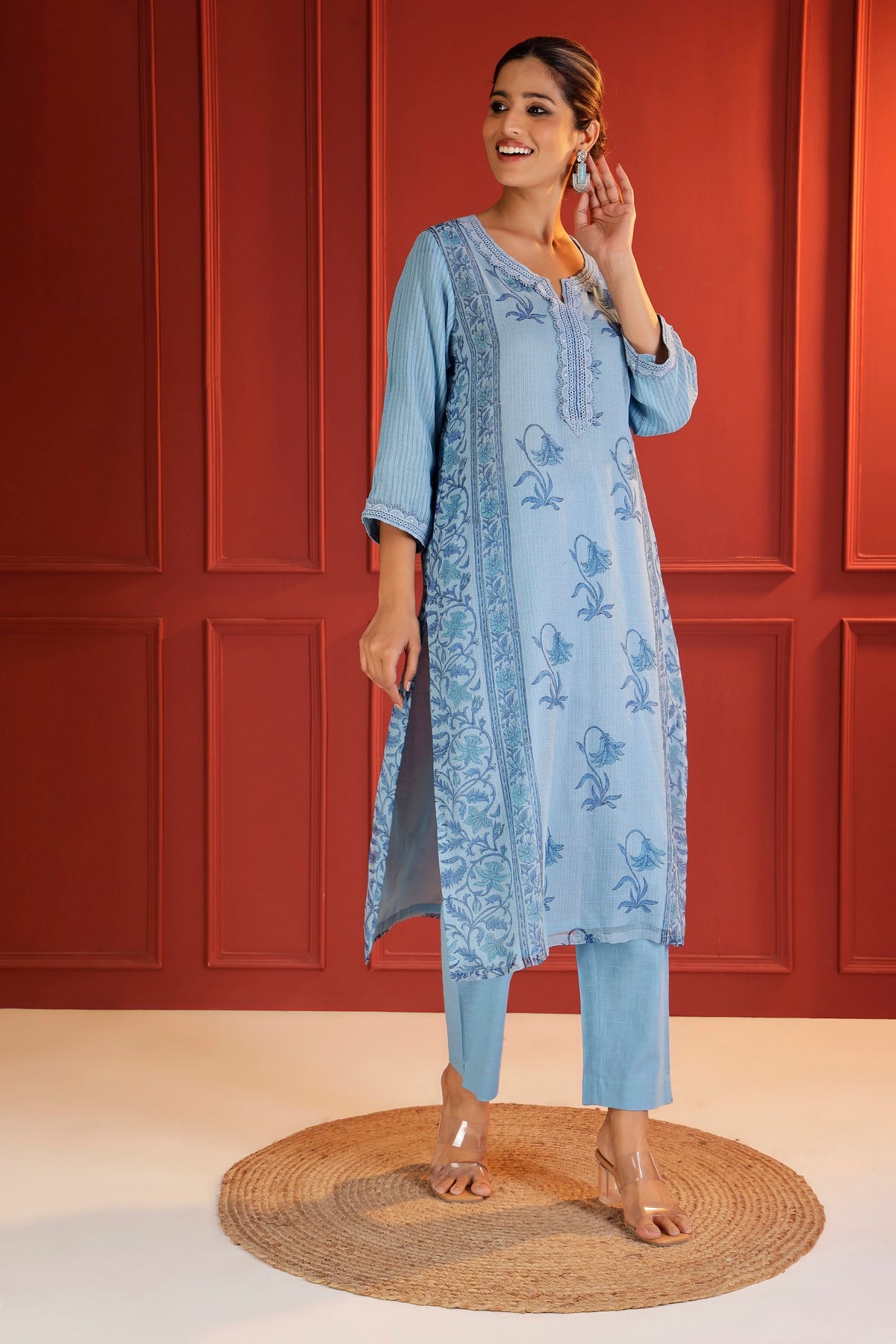 Powder Blue Soft Kota Cotton Kurta with Lacework Yoke