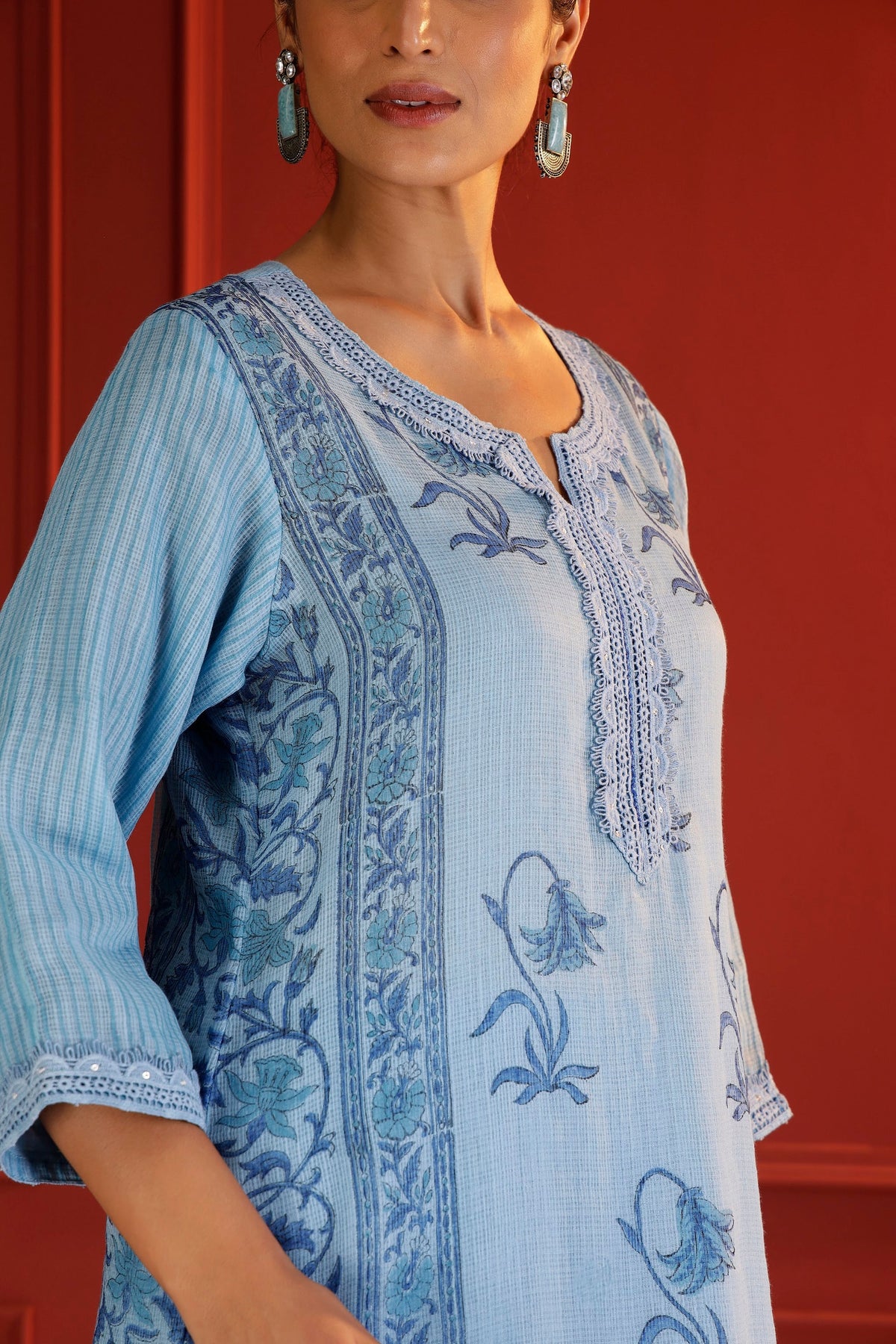 Powder Blue Soft Kota Cotton Kurta with Lacework Yoke