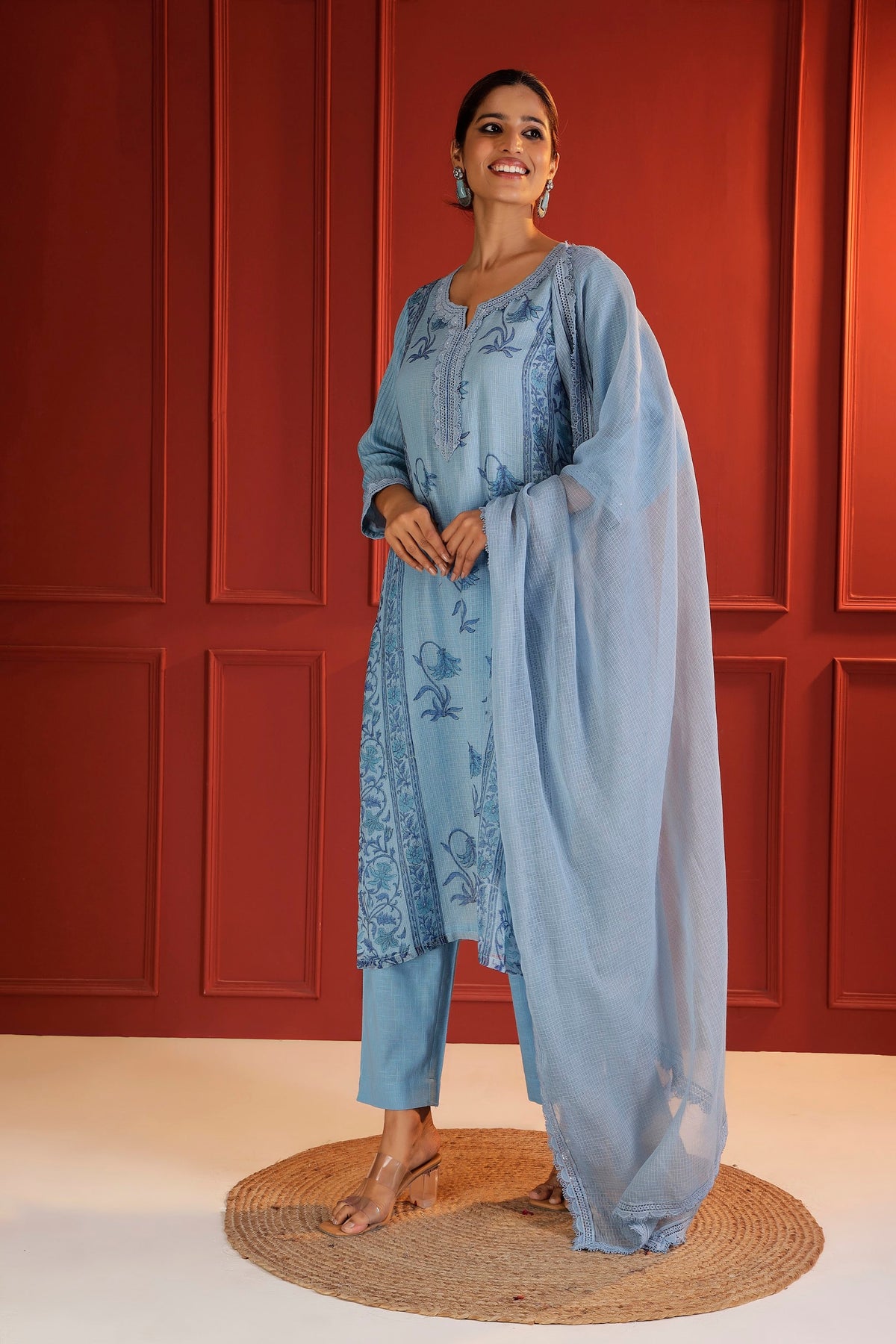 Jaipur Hand-Block Print 3-Piece Suit Set in Powder Blue