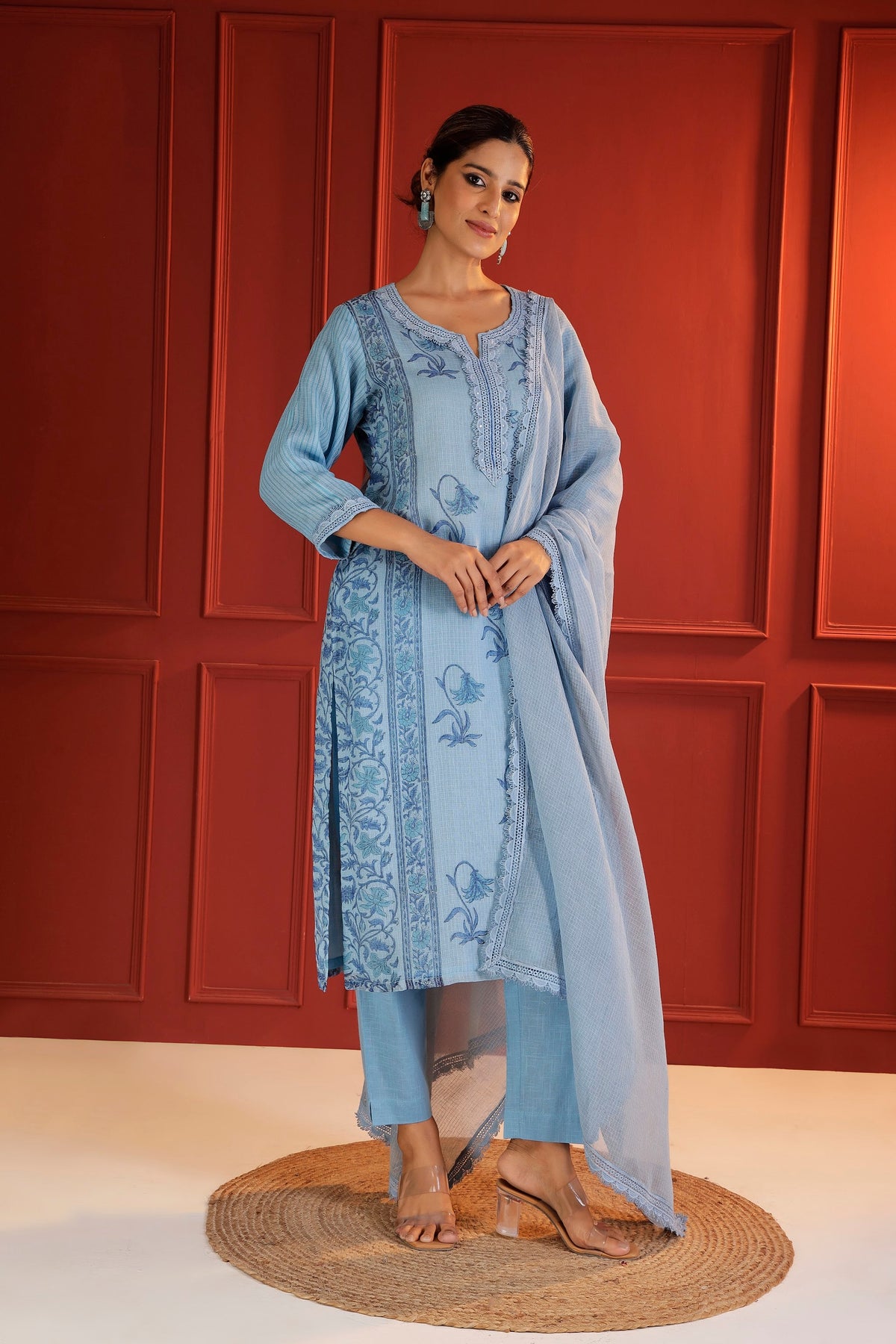 Jaipur Hand-Block Print 3-Piece Suit Set in Powder Blue