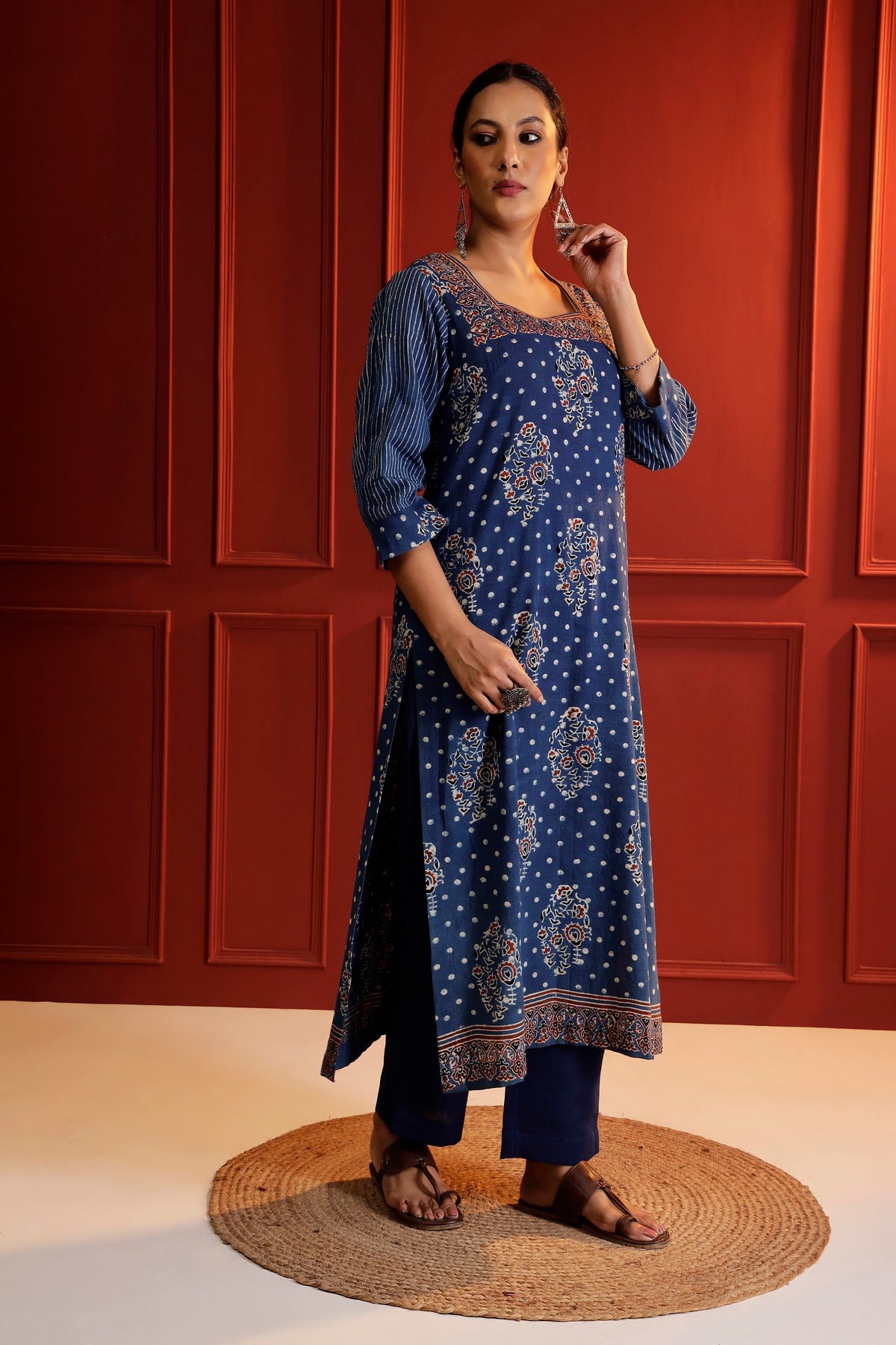 Midnight Indigo Heritage Kurta Set with Embroidered Kota Dupatta