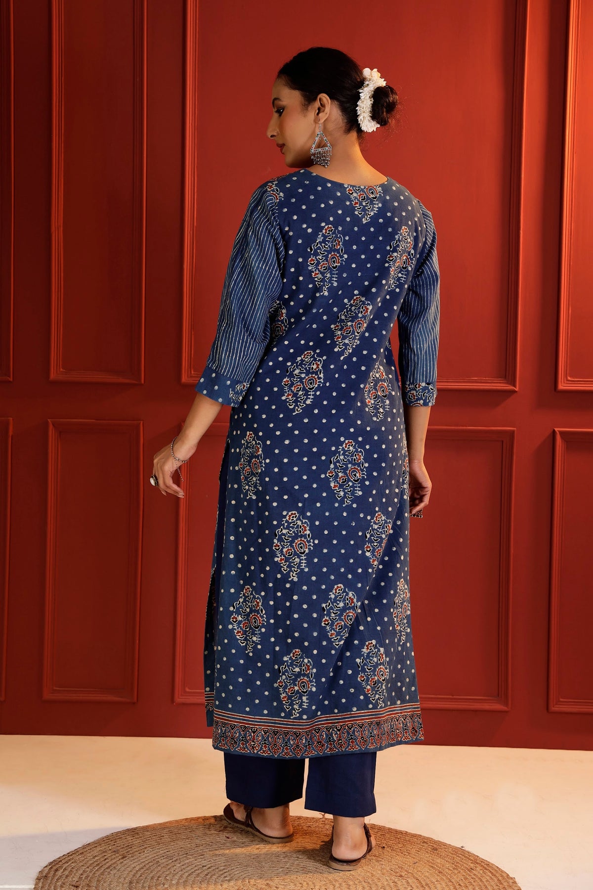 Indigo Ajrakh Placement Print Cotton Kurta with Square Neck