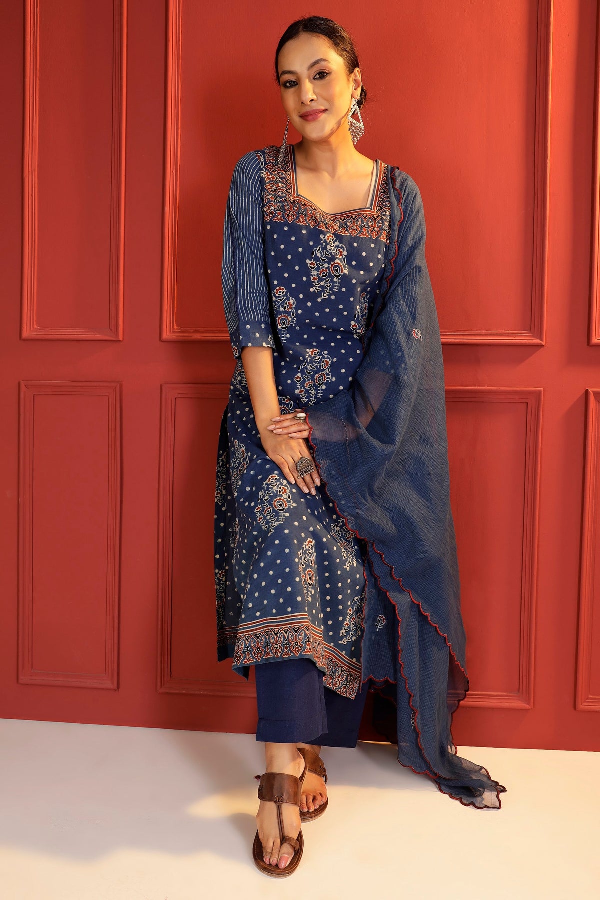 Midnight Indigo Heritage Kurta Set with Embroidered Kota Dupatta