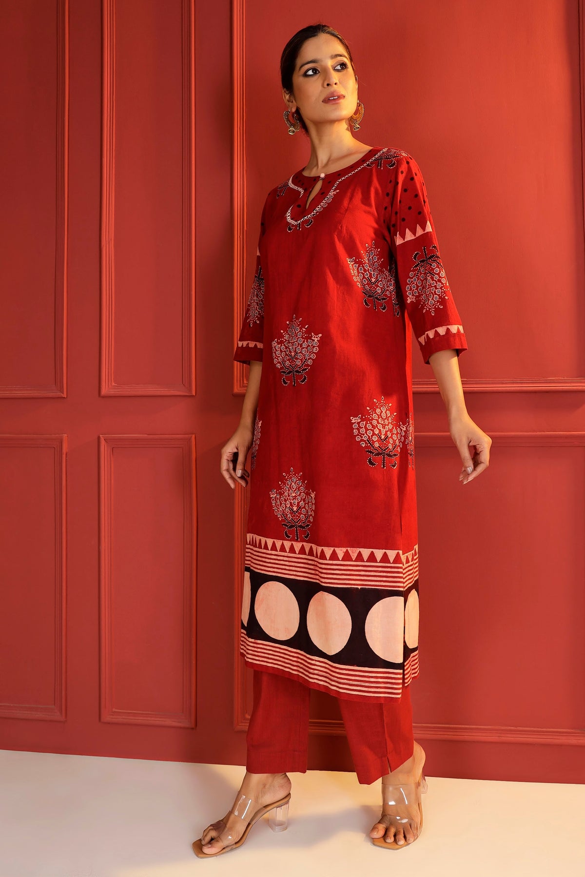 Madder Red Ajrakh Kurta with Hand-Embroidered Keyhole Neck