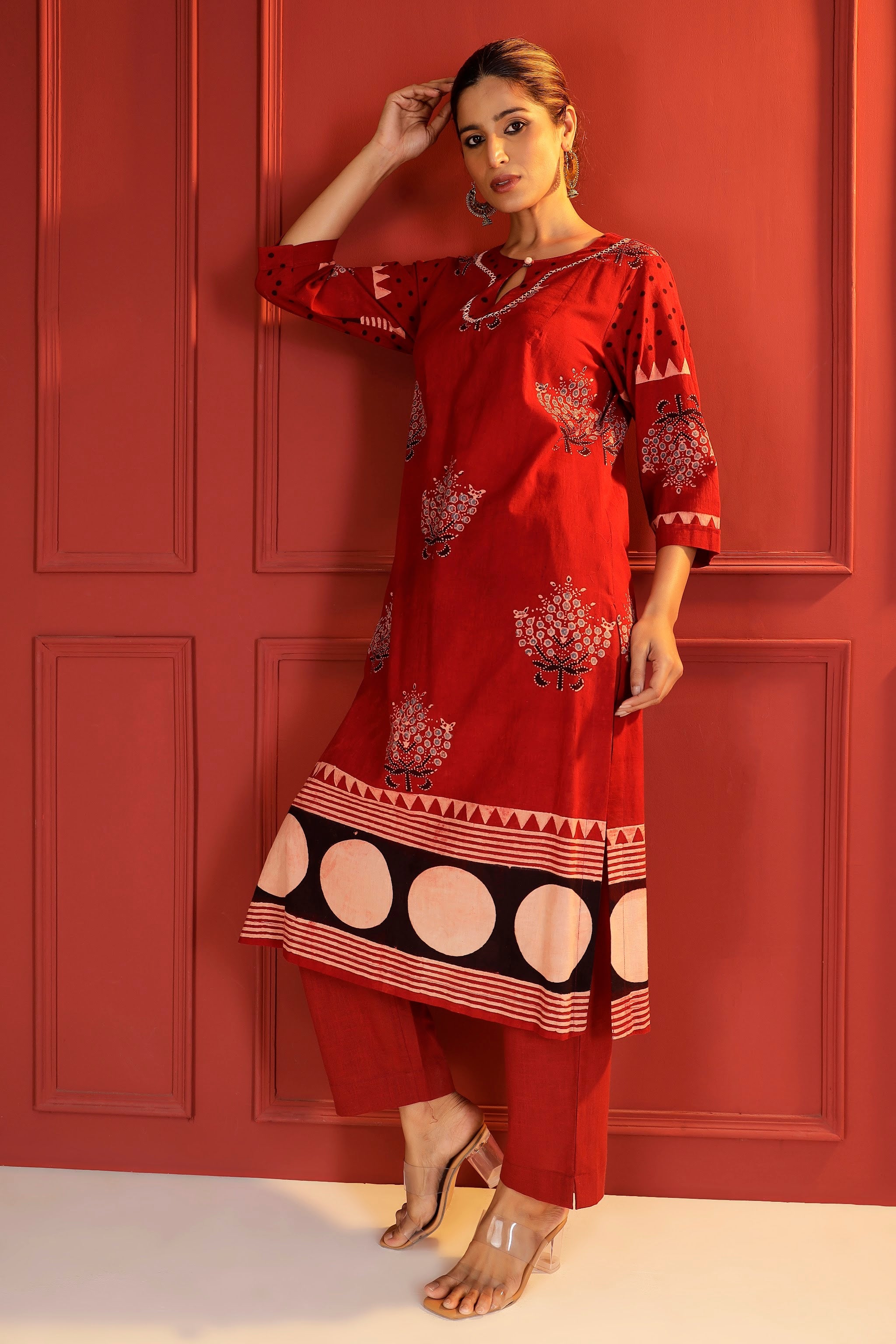 Ajrakh Hand-Block Placement Print 3-Piece Suit Set in Madder Red