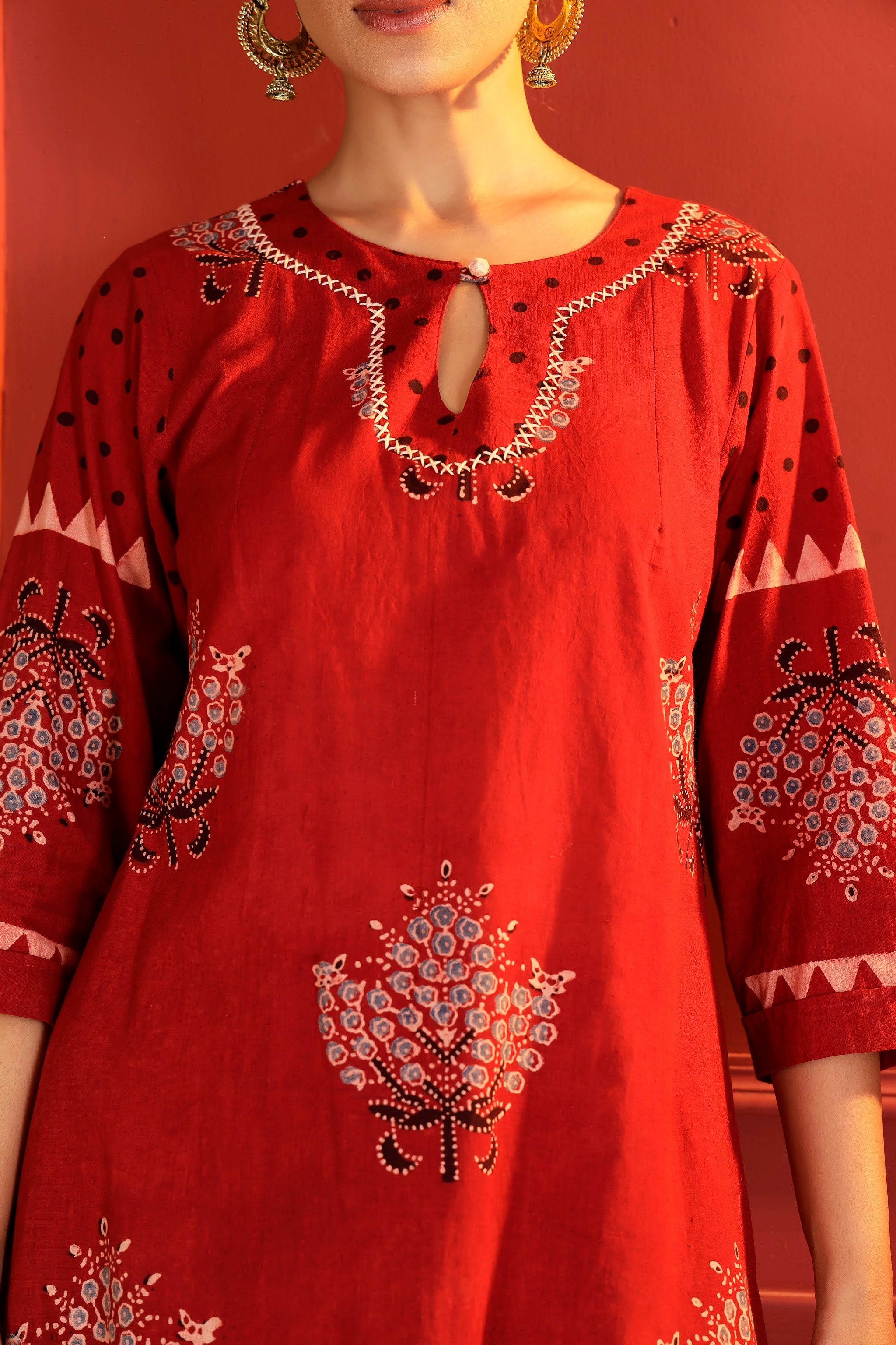 Ajrakh Hand-Block Placement Print 3-Piece Suit Set in Madder Red