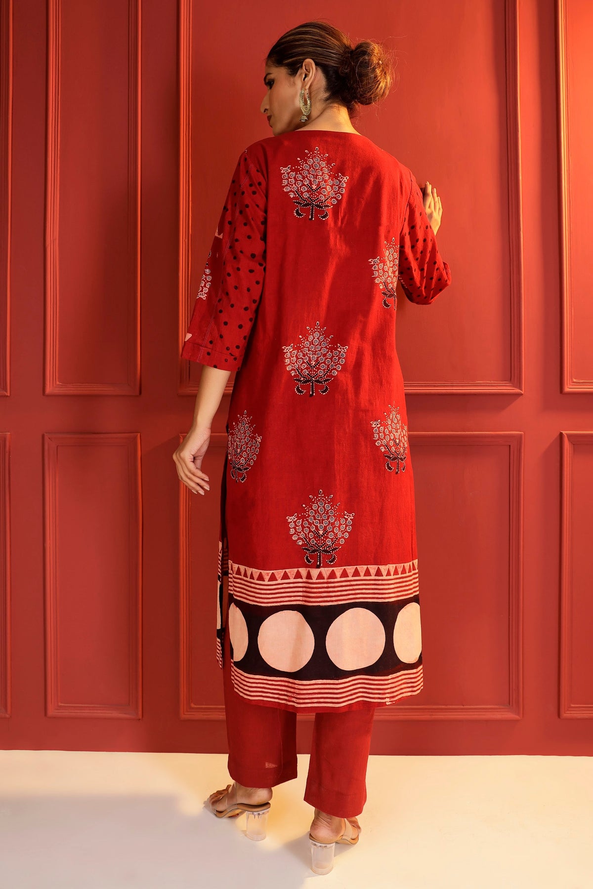 Madder Red Ajrakh Kurta with Hand-Embroidered Keyhole Neck