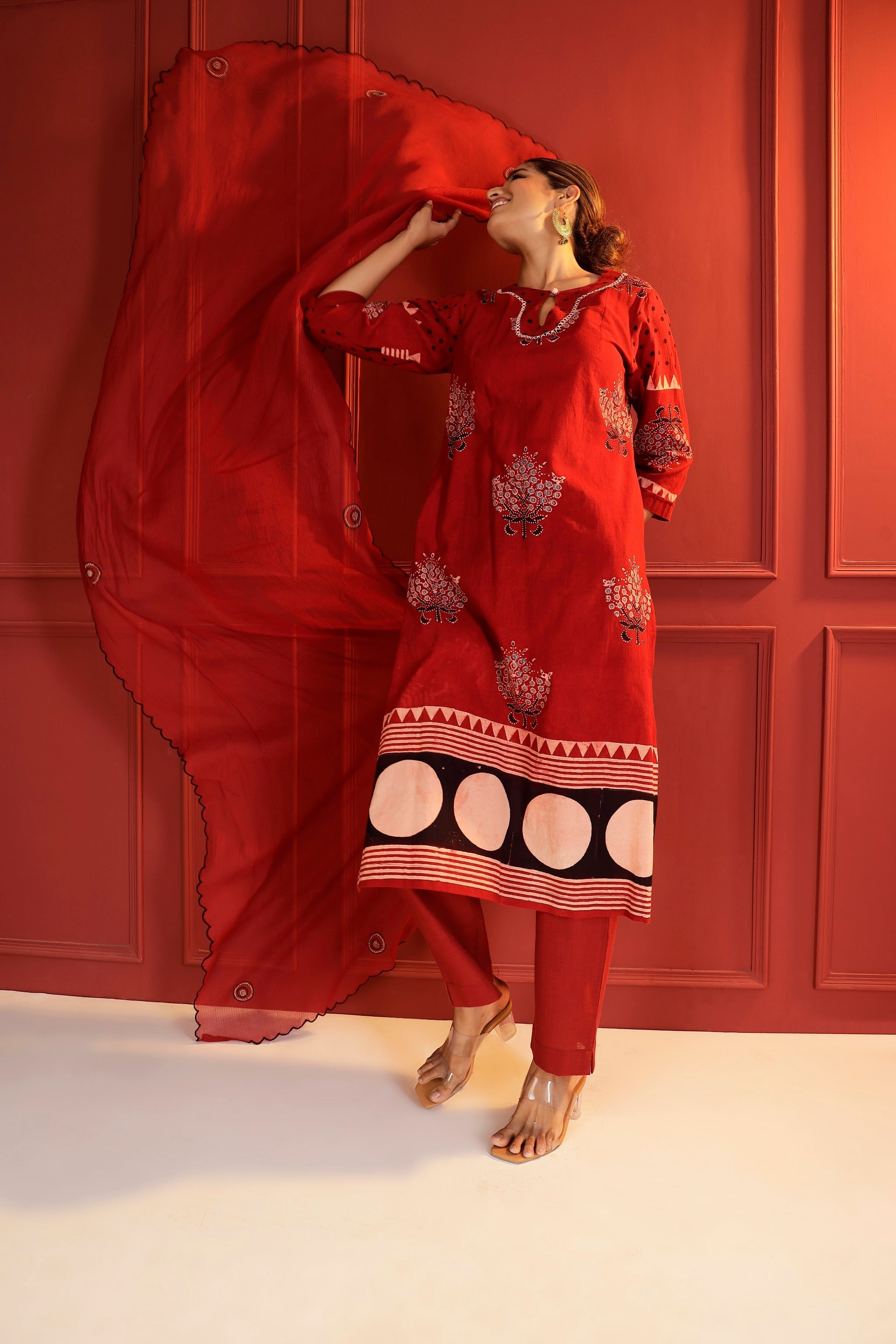 Ajrakh Hand-Block Placement Print 3-Piece Suit Set in Madder Red