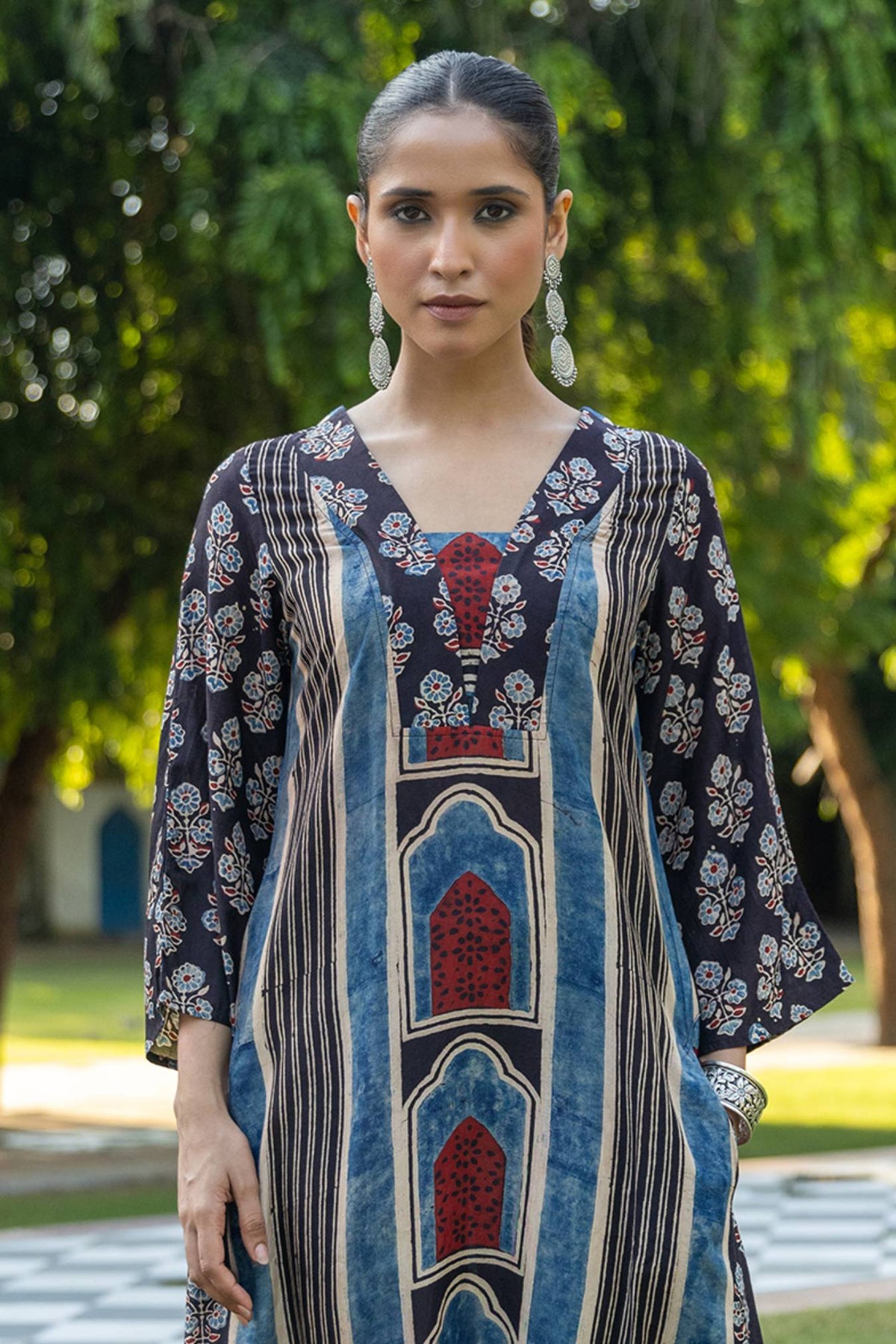 Muslin A-Line Dress with Ajrakh Print and Scalloped Details