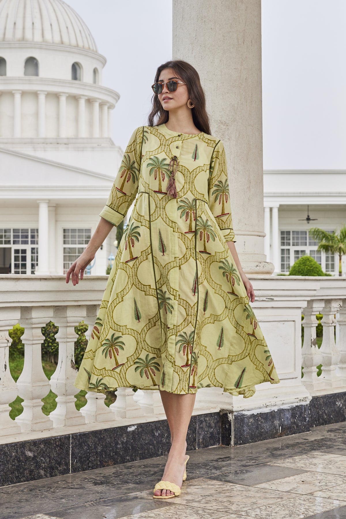 Printed Cotton Silk Long Hand-Block Dress