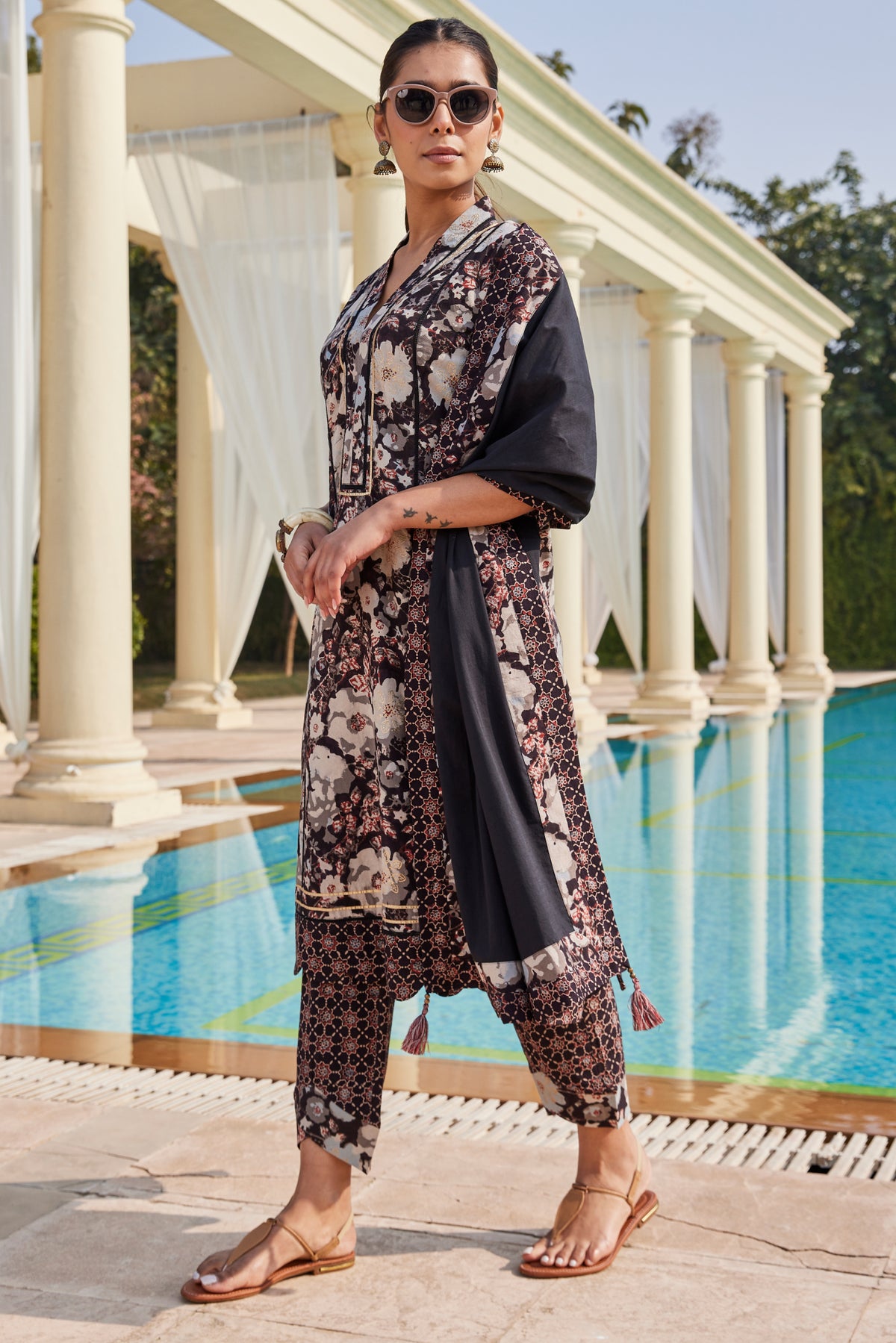 Black Cotton Dupatta With Bagru & Ajrakh Print Border