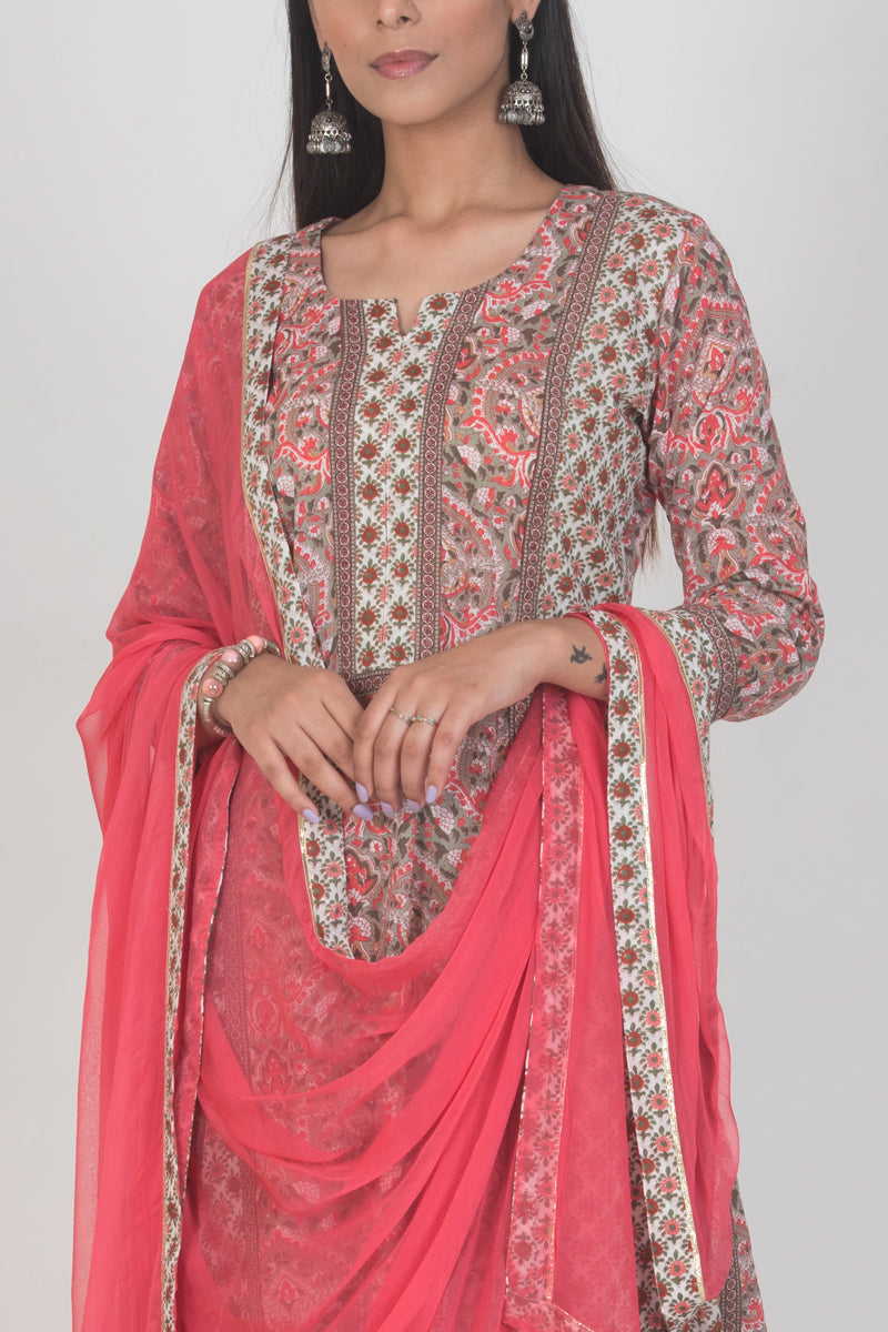Hot Pink Chiffon Dupatta with Print & Gota Border