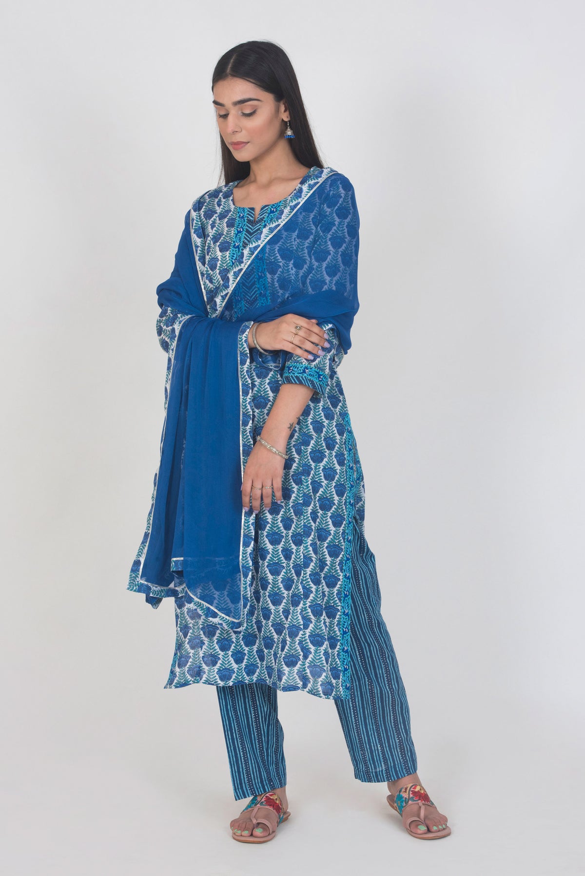 Blue Chiffon Dupatta with Print & Gota Border