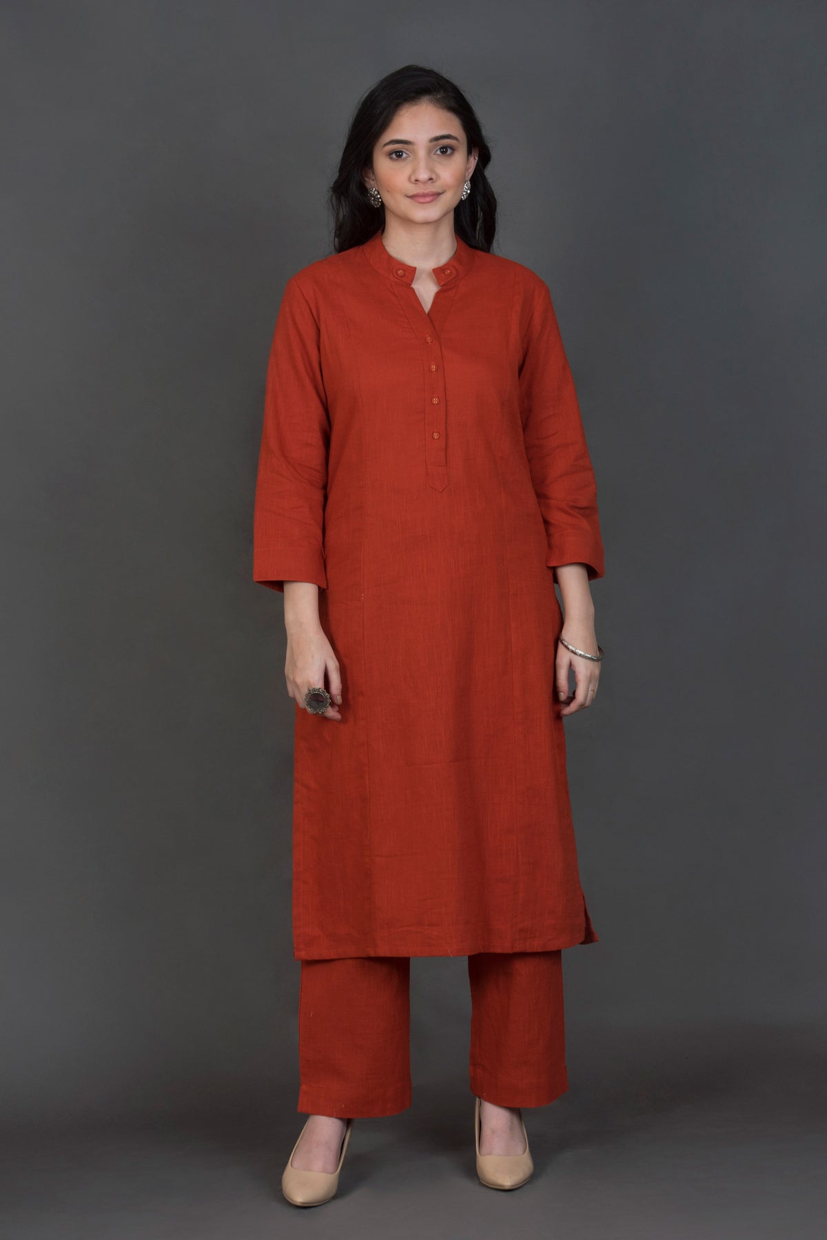 Slub Cotton Solid Kurta Rust
