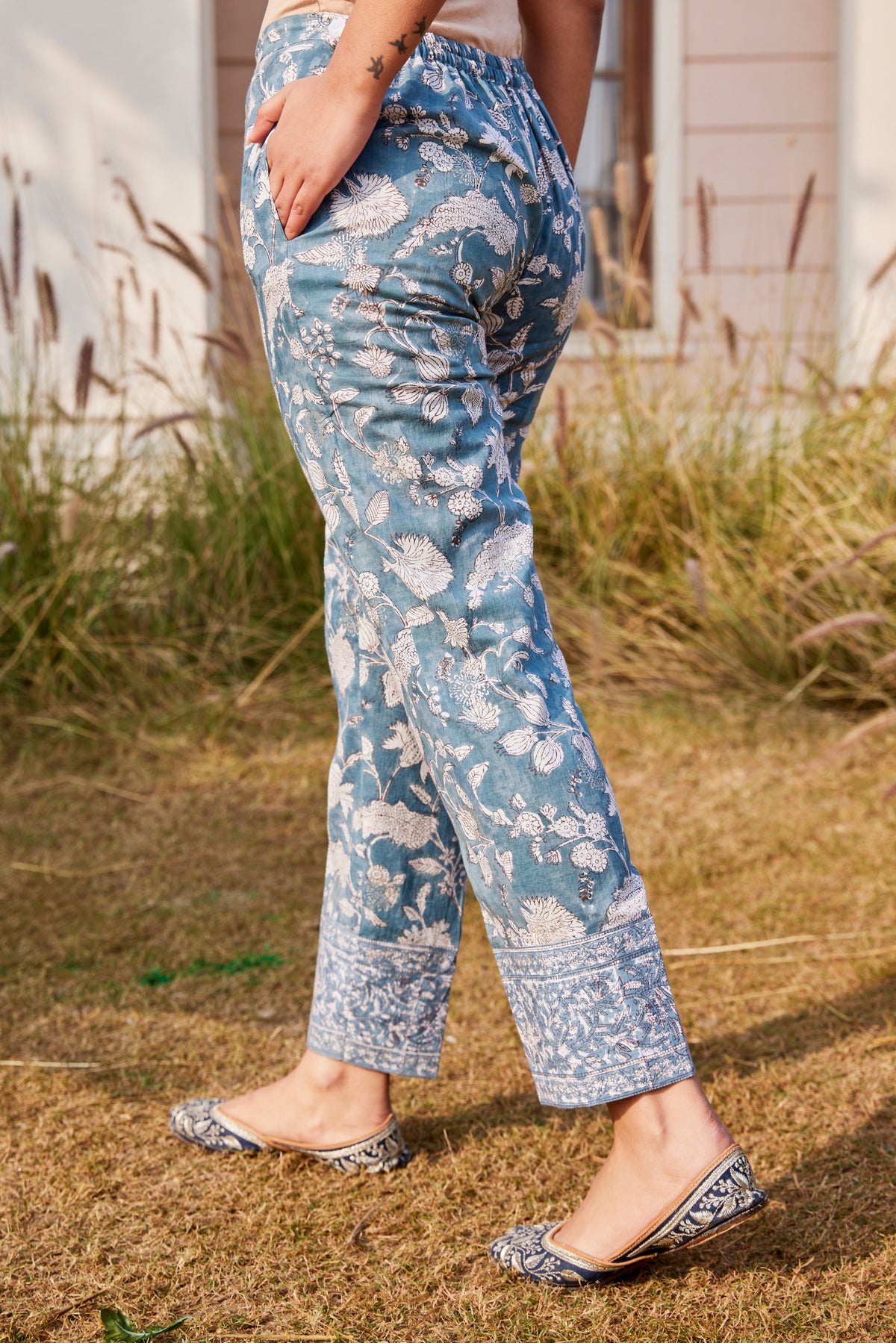 Turquoise Sanganeri Hand Block Print Ethnic Pants With Pockets