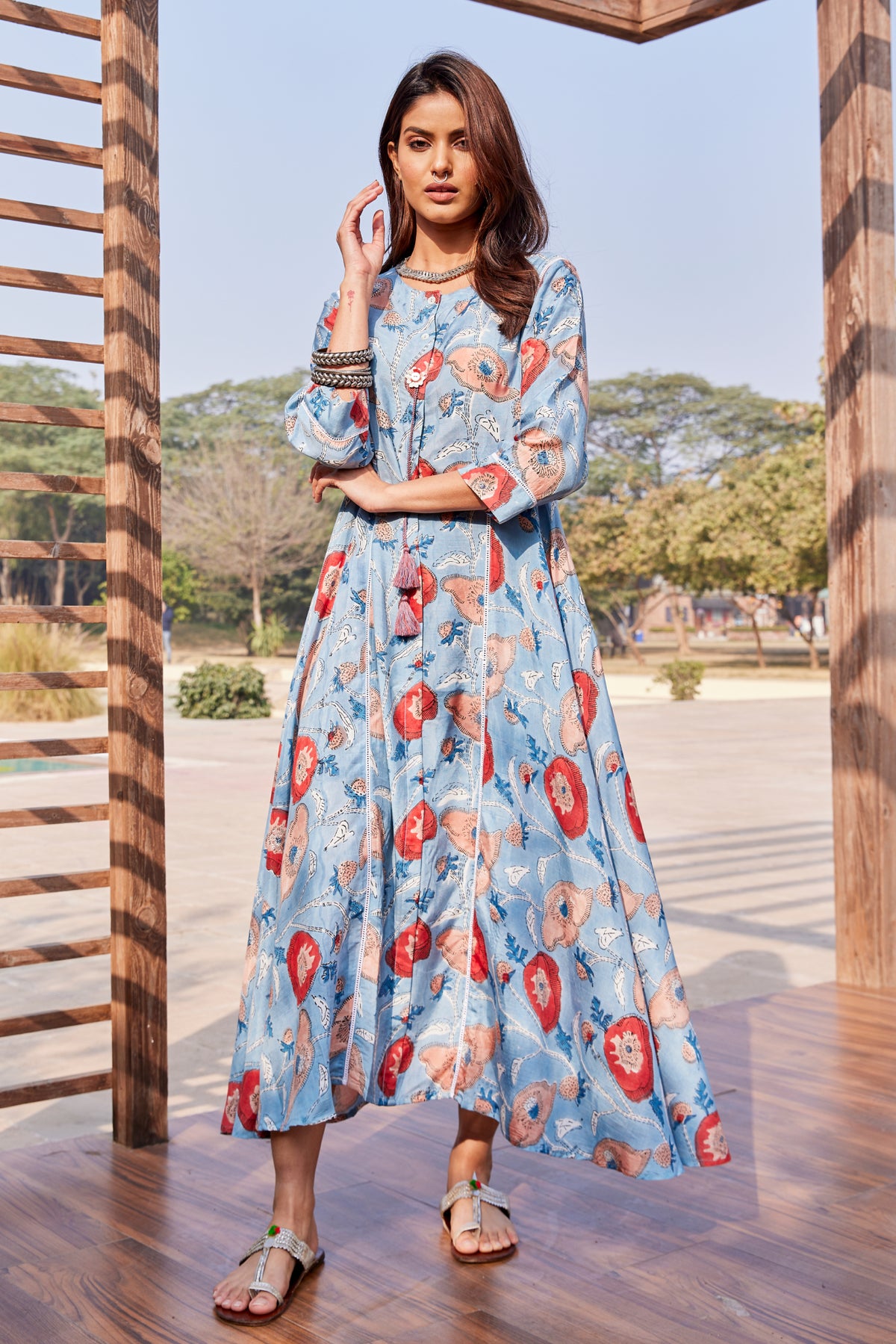 Sanganeri Hand Blocked Floral Asymmetrical Dress