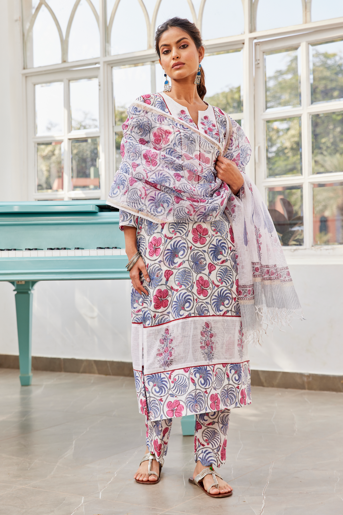 Butidar Hand Block Print Kota Cotton White Dupatta
