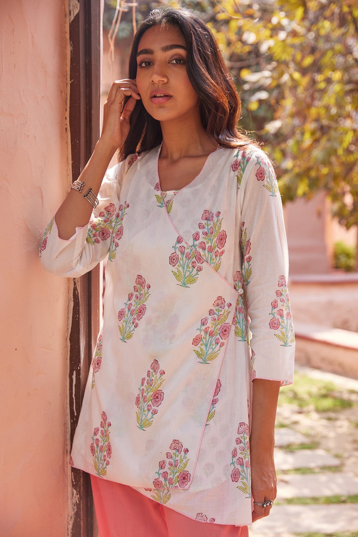 Multi-way 3 piece hand blocked salwar kurti set with shrug