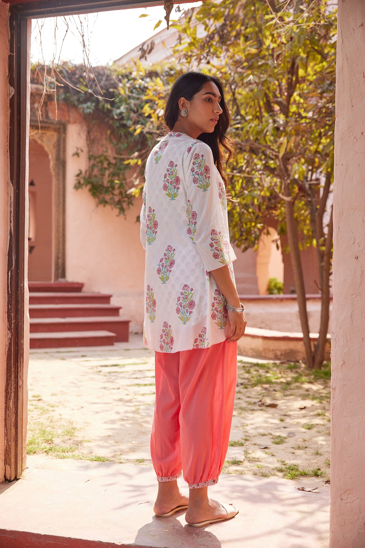 Multi-way 3 piece hand blocked salwar kurti set with shrug