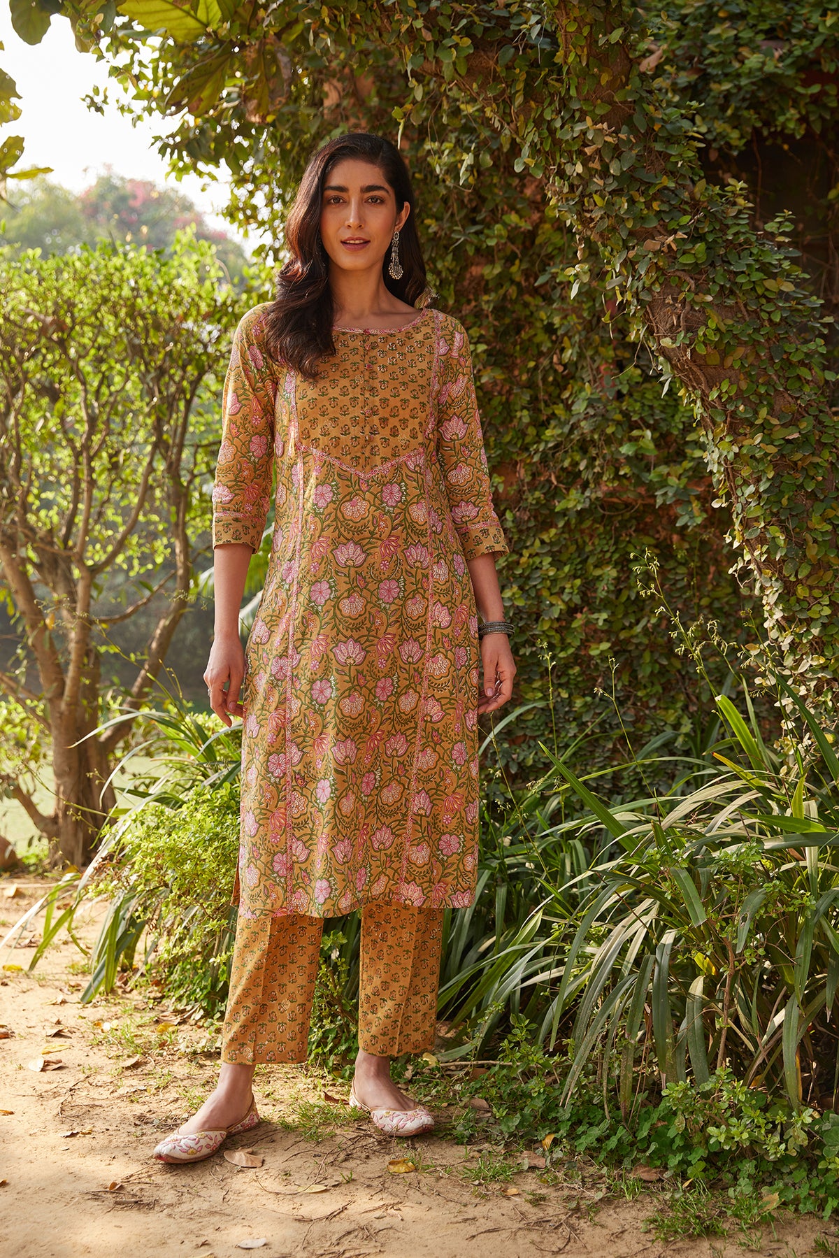 Mustard Block Printed Straight Kurta With Pink Butti