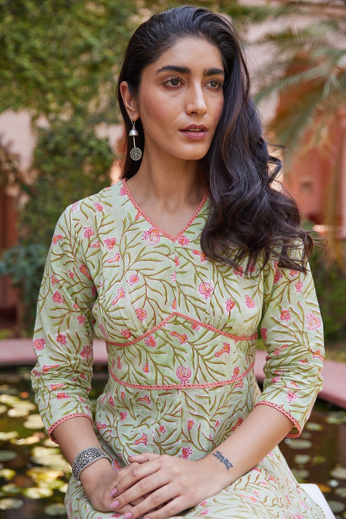 Hand Blocked Mint Green Sanganeri Floral Print Midi Dress