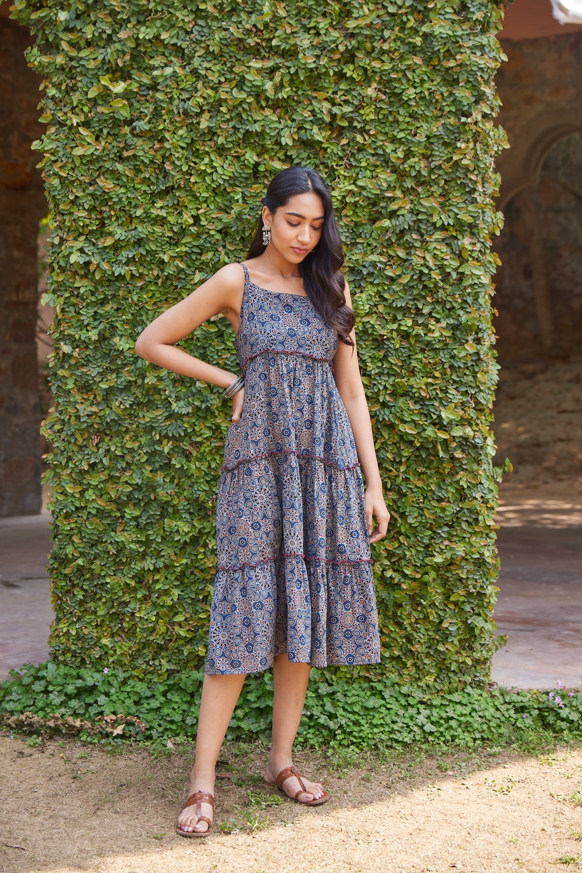 Handblocked Ajrak Printed Strappy & Tiered Midi Dress