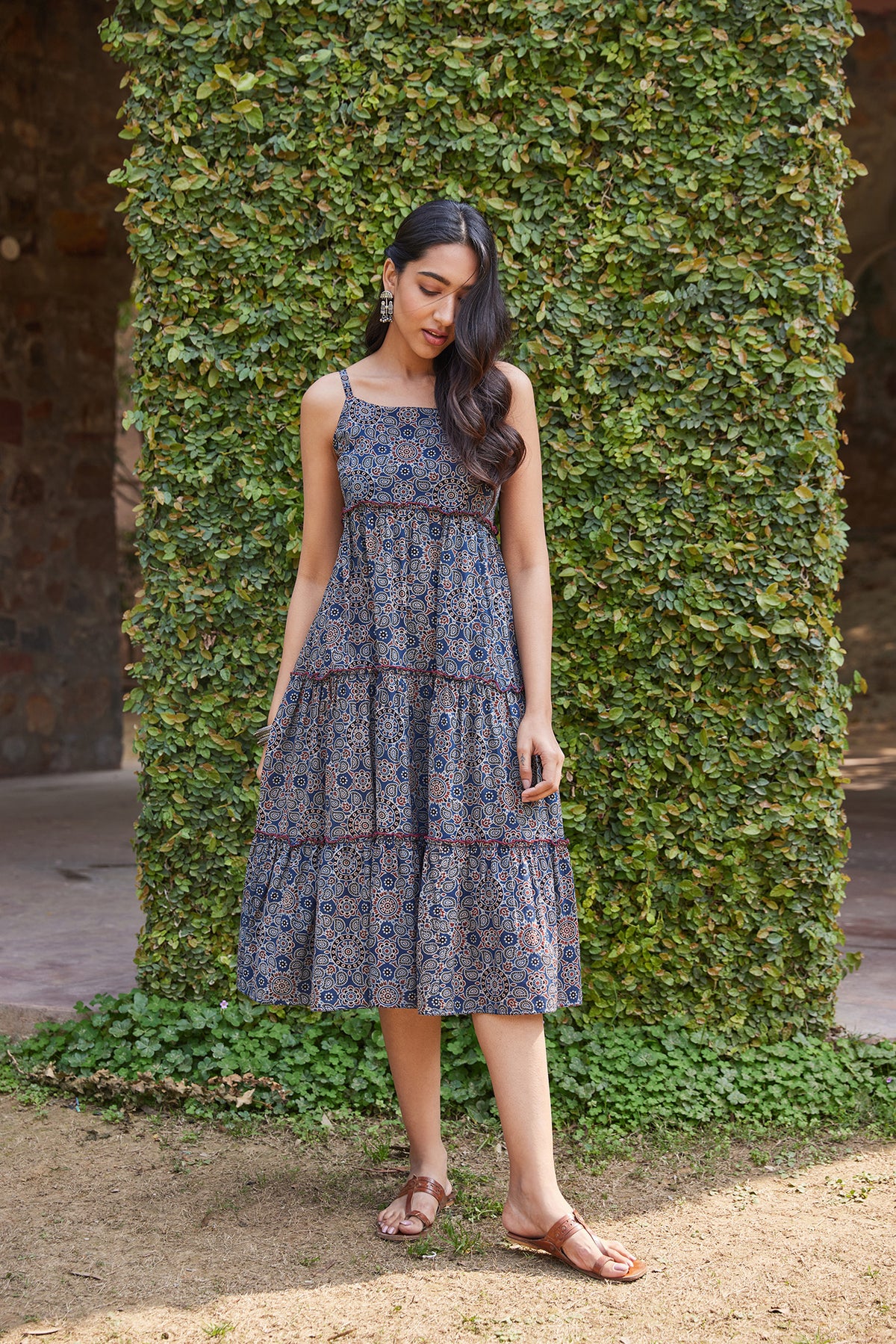 Handblocked Ajrak Printed Strappy & Tiered Midi Dress