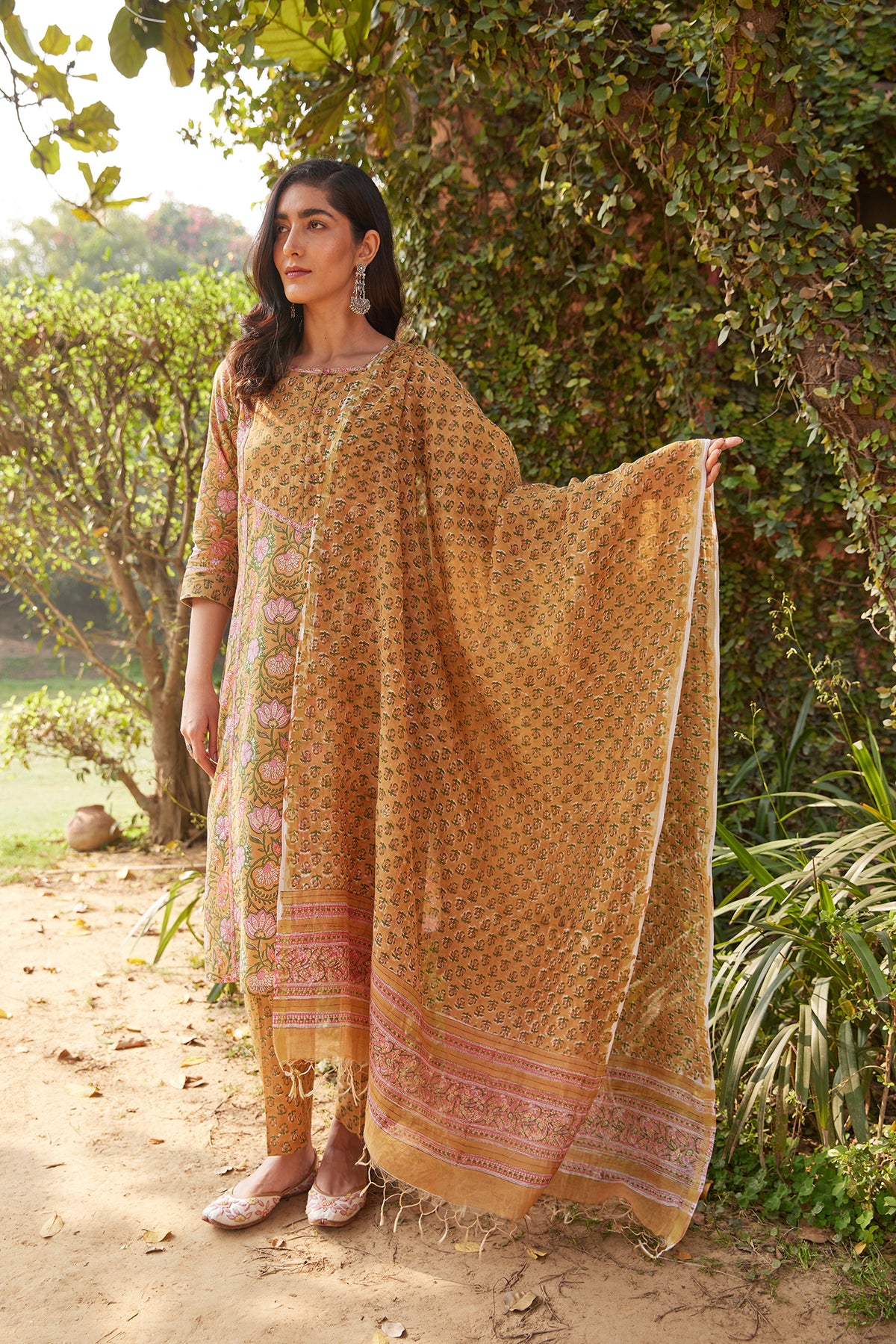 Mustard Block Printed Straight Kurta With Pink Butti