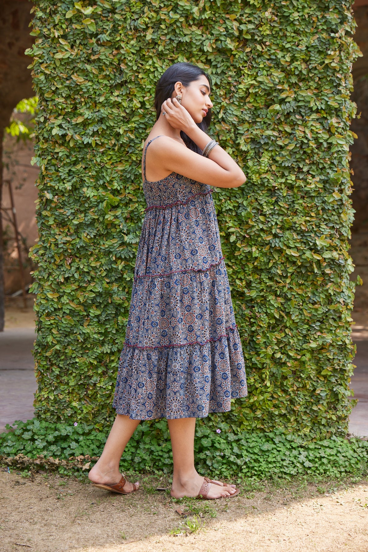 Handblocked Ajrak Printed Strappy & Tiered Midi Dress